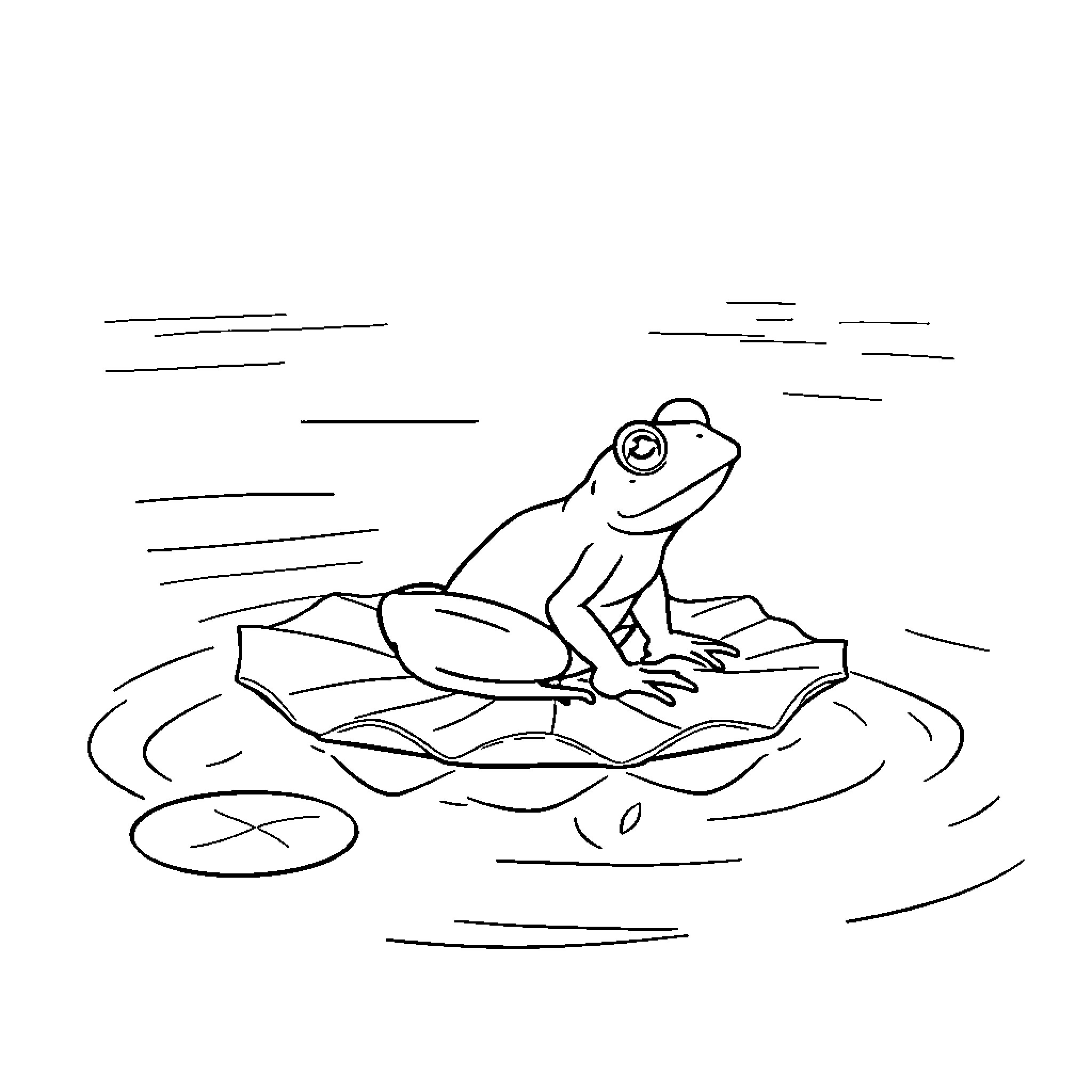 Frog resting on a lily pad in the water Coloring Page (free black-and-white line drawing printable PDF for all, from beginners to advanced learners, including children, teens, adults, and seniors)