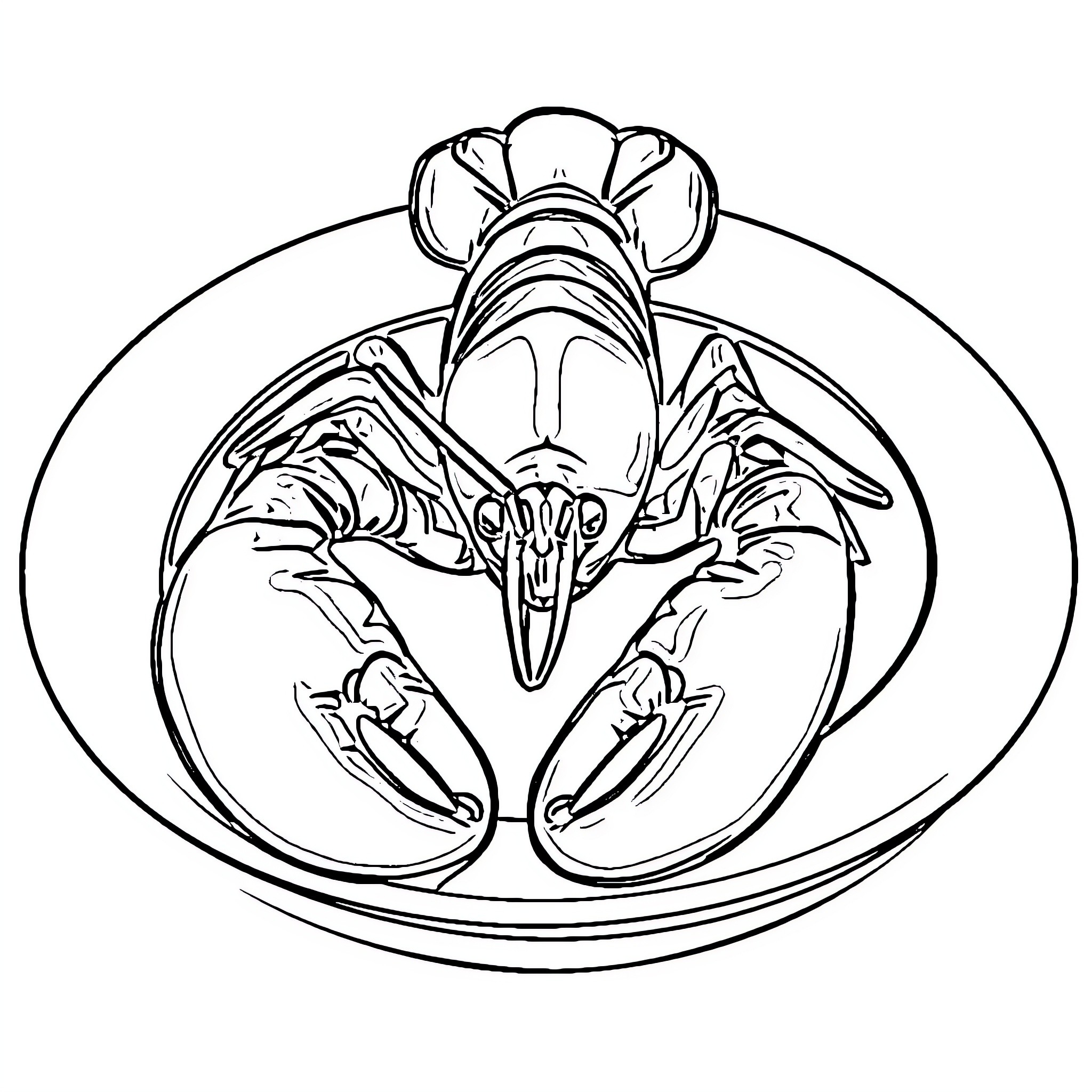 Lobster depicted in stylized monochrome illustration Coloring Page (free black-and-white line drawing printable PDF for all, from beginners to advanced learners, including children, teens, adults, and seniors)