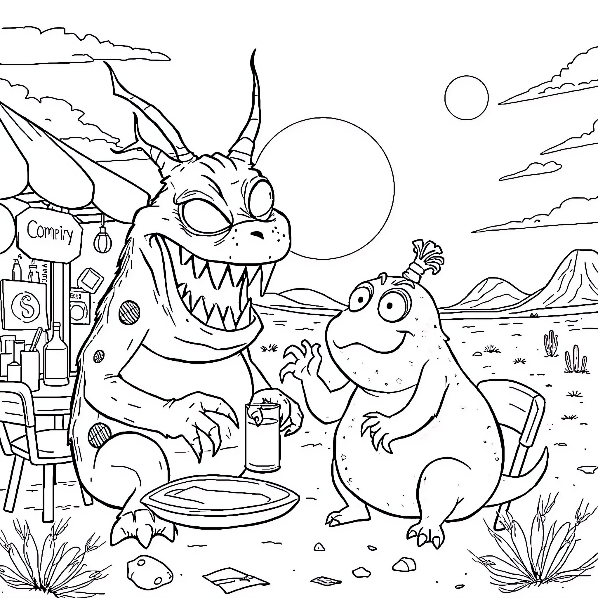Goblin creature and its monstrous companion in a desert setting Coloring Page (free black-and-white line drawing printable PDF for all, from beginners to advanced learners, including children, teens, adults, and seniors)