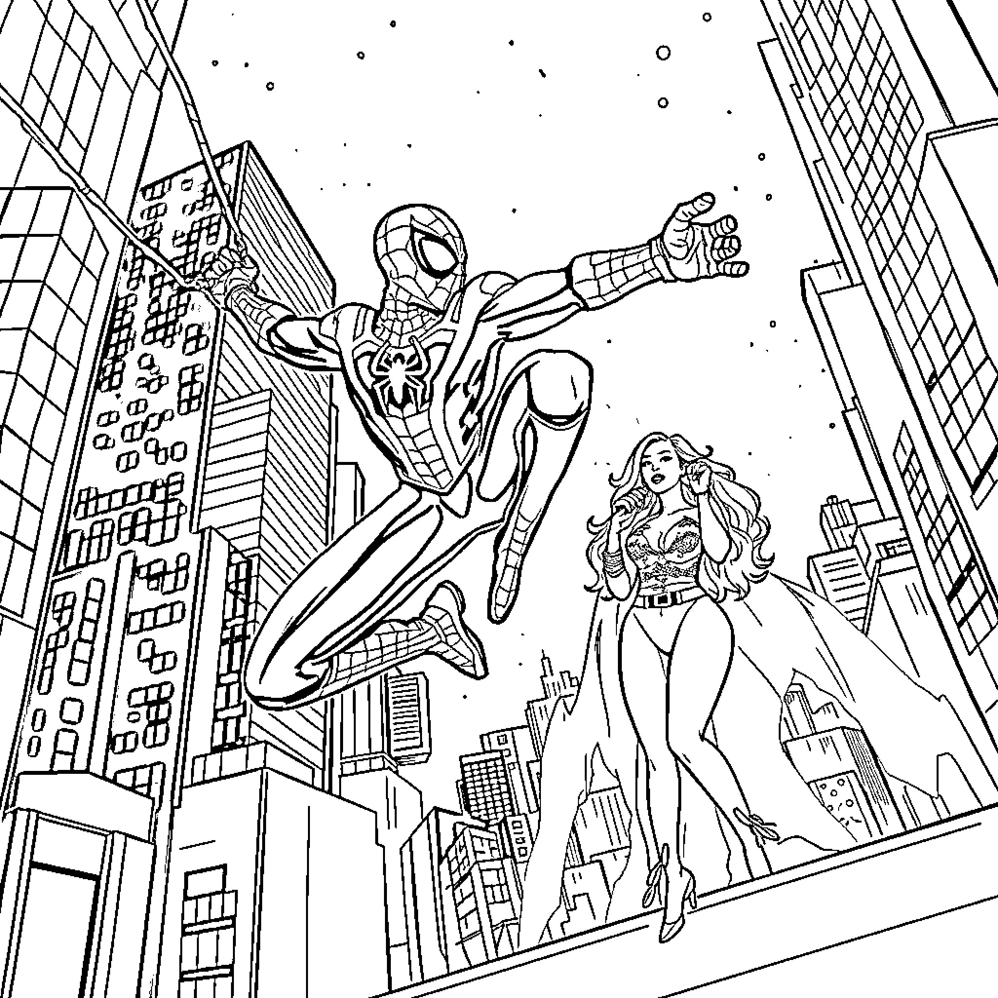 Spiderman swinging through the city with a female companion Coloring Page (free black-and-white line drawing printable PDF for all, from beginners to advanced learners, including children, teens, adults, and seniors)