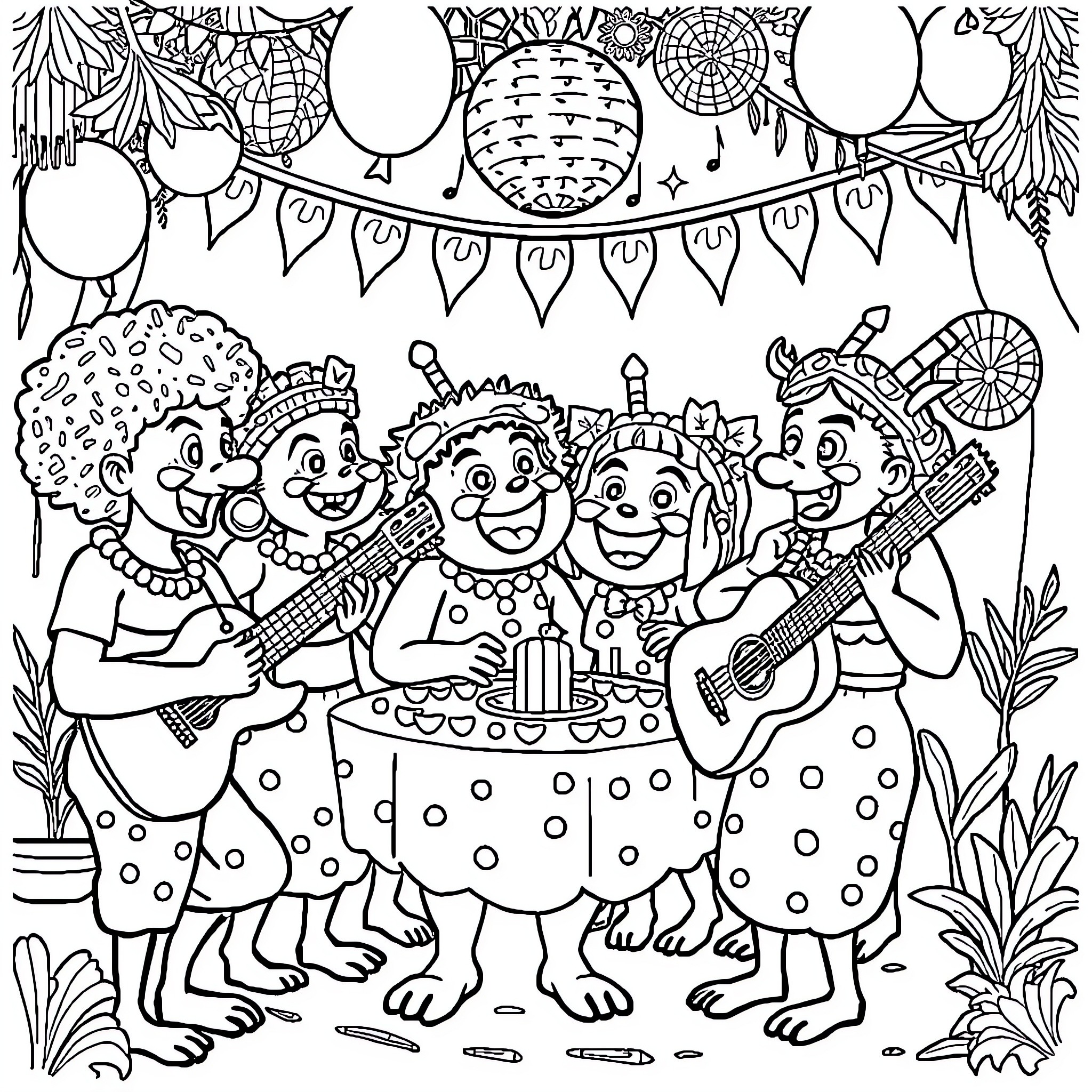 Labubu's Joyful Party with Colorful Characters Coloring Page (free black-and-white line drawing printable PDF for all, from beginners to advanced learners, including children, teens, adults, and seniors)