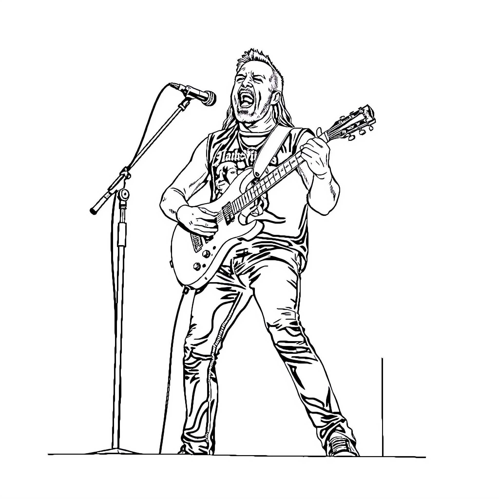 James Hetfield performing on stage with guitar Coloring Page (free black-and-white line drawing printable PDF for all, from beginners to advanced learners, including children, teens, adults, and seniors)