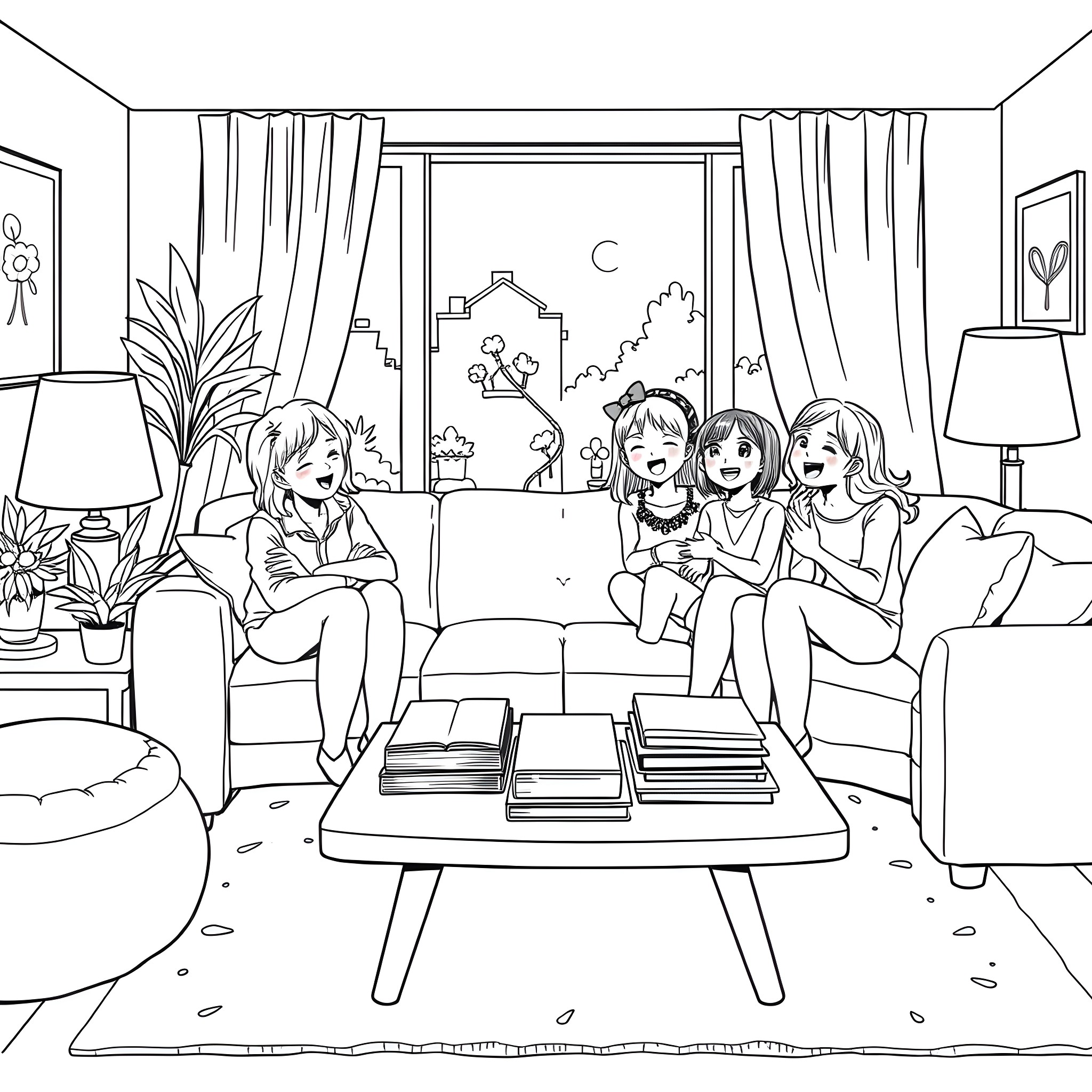 Home with Friends Gathered for Conversation Coloring Page (free black-and-white line drawing printable PDF for all, from beginners to advanced learners, including children, teens, adults, and seniors)