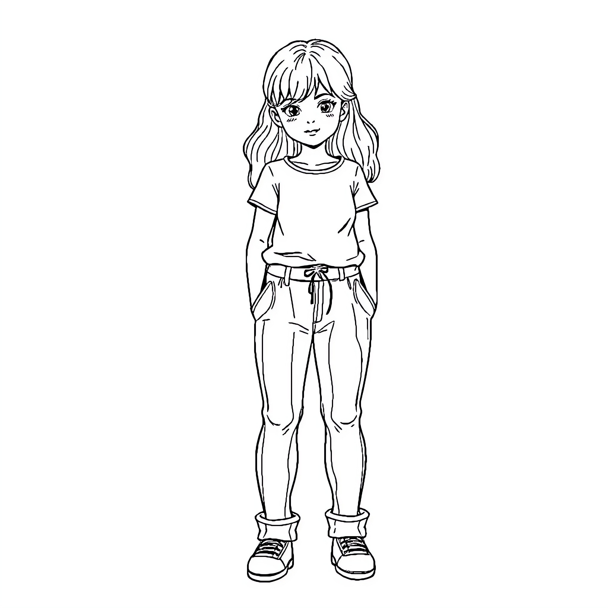 Girl standing confidently in casual outfit Coloring Page (free black-and-white line drawing printable PDF for all, from beginners to advanced learners, including children, teens, adults, and seniors)