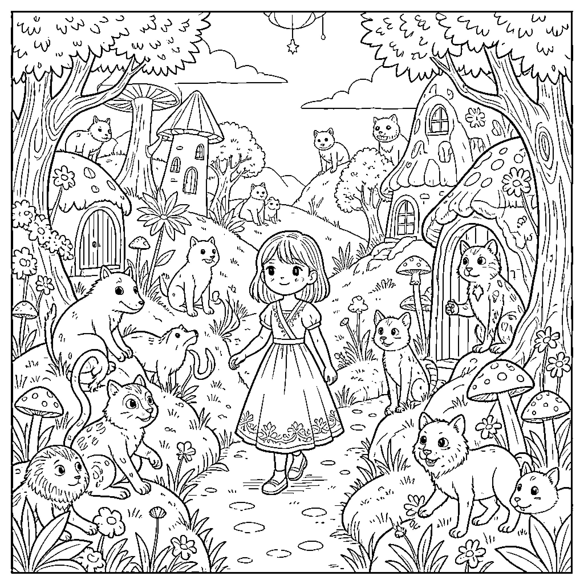 Alicia walking happily through a whimsical forest with cats Coloring Page (free black-and-white line drawing printable PDF for all, from beginners to advanced learners, including children, teens, adults, and seniors)