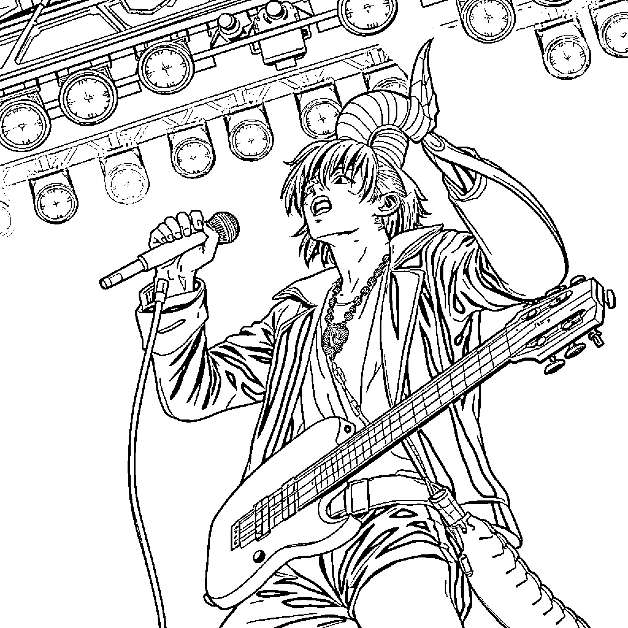Kpop Demon Hunter performs on stage with electric guitar Coloring Page (free black-and-white line drawing printable PDF for all, from beginners to advanced learners, including children, teens, adults, and seniors)