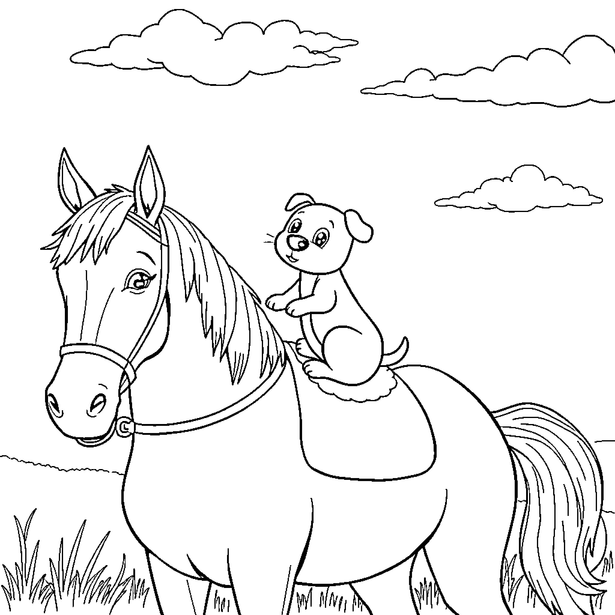 Dog and Horse Enjoy Outdoor Scene Coloring Page (free black-and-white line drawing printable PDF for all, from beginners to advanced learners, including children, teens, adults, and seniors)