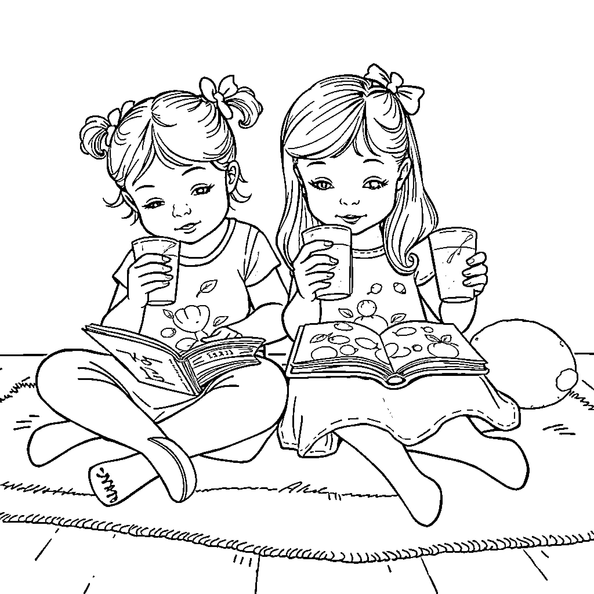 Girls reading books and enjoying snacks together Coloring Page (free black-and-white line drawing printable PDF for all, from beginners to advanced learners, including children, teens, adults, and seniors)