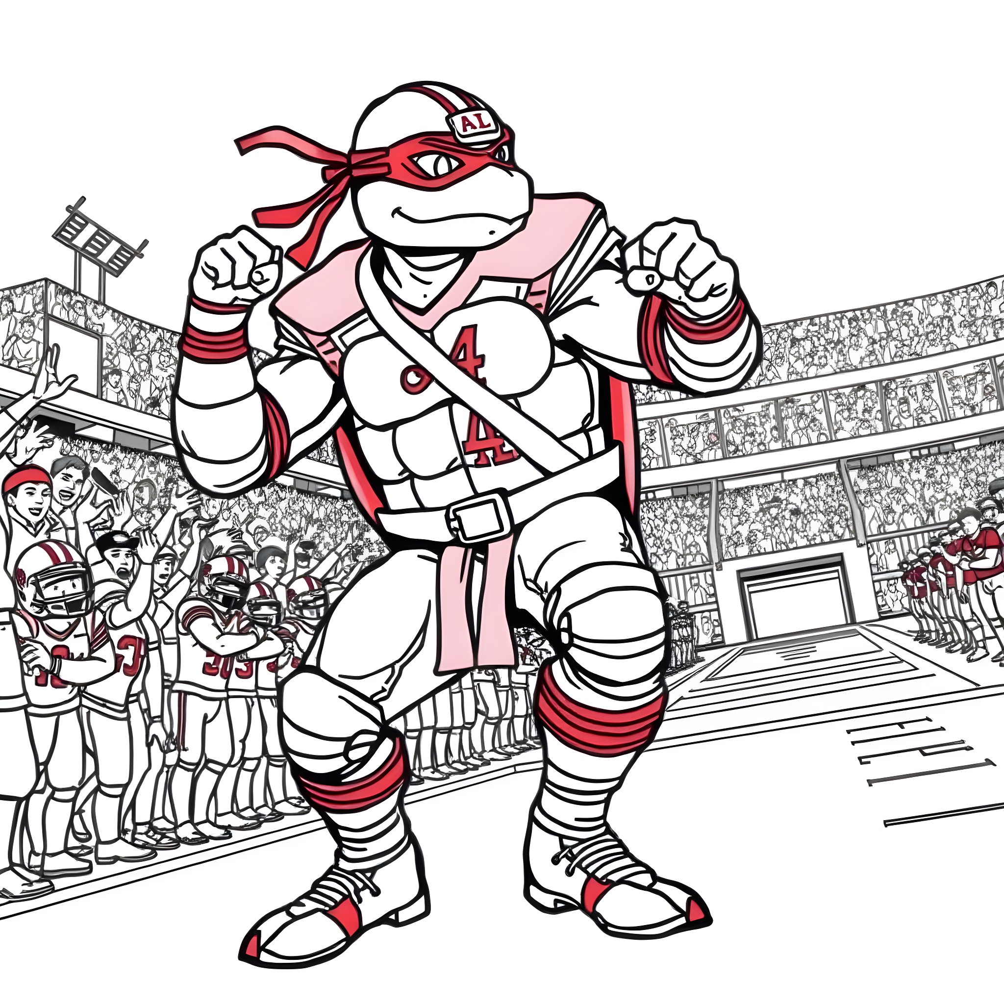 Ninja Turtle baseball player celebrating victory on the field Coloring Page (free black-and-white line drawing printable PDF for all, from beginners to advanced learners, including children, teens, adults, and seniors)