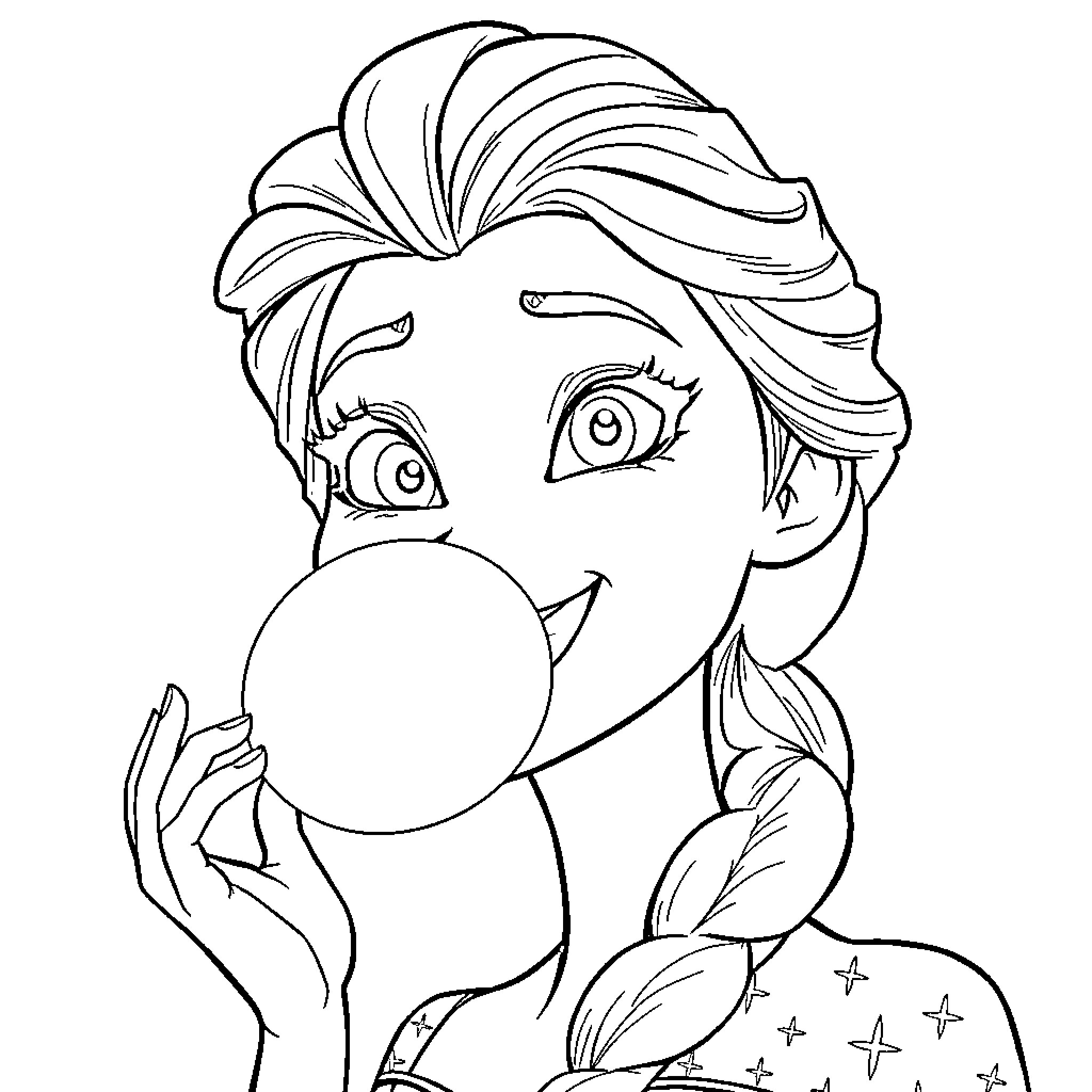Elsa enjoying a bubblegum moment Coloring Page (free black-and-white line drawing printable PDF for all, from beginners to advanced learners, including children, teens, adults, and seniors)