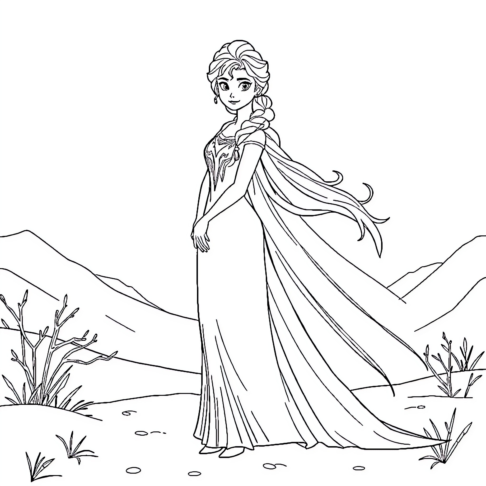 Elsa posing gracefully in a snowy landscape Coloring Page (free black-and-white line drawing printable PDF for all, from beginners to advanced learners, including children, teens, adults, and seniors)
