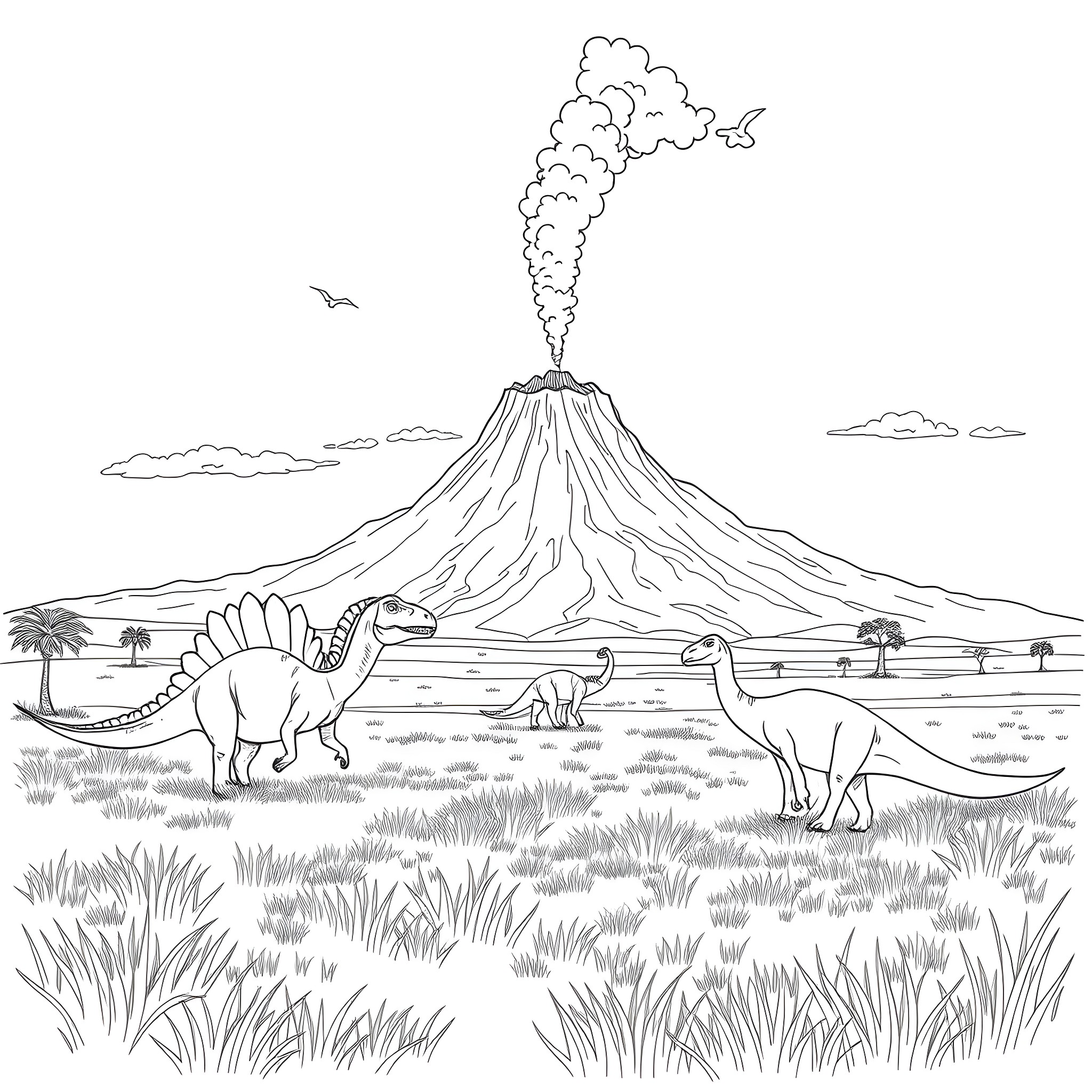 Dinosaurs roaming ancient volcanic landscape Coloring Page (free black-and-white line drawing printable PDF for all, from beginners to advanced learners, including children, teens, adults, and seniors)