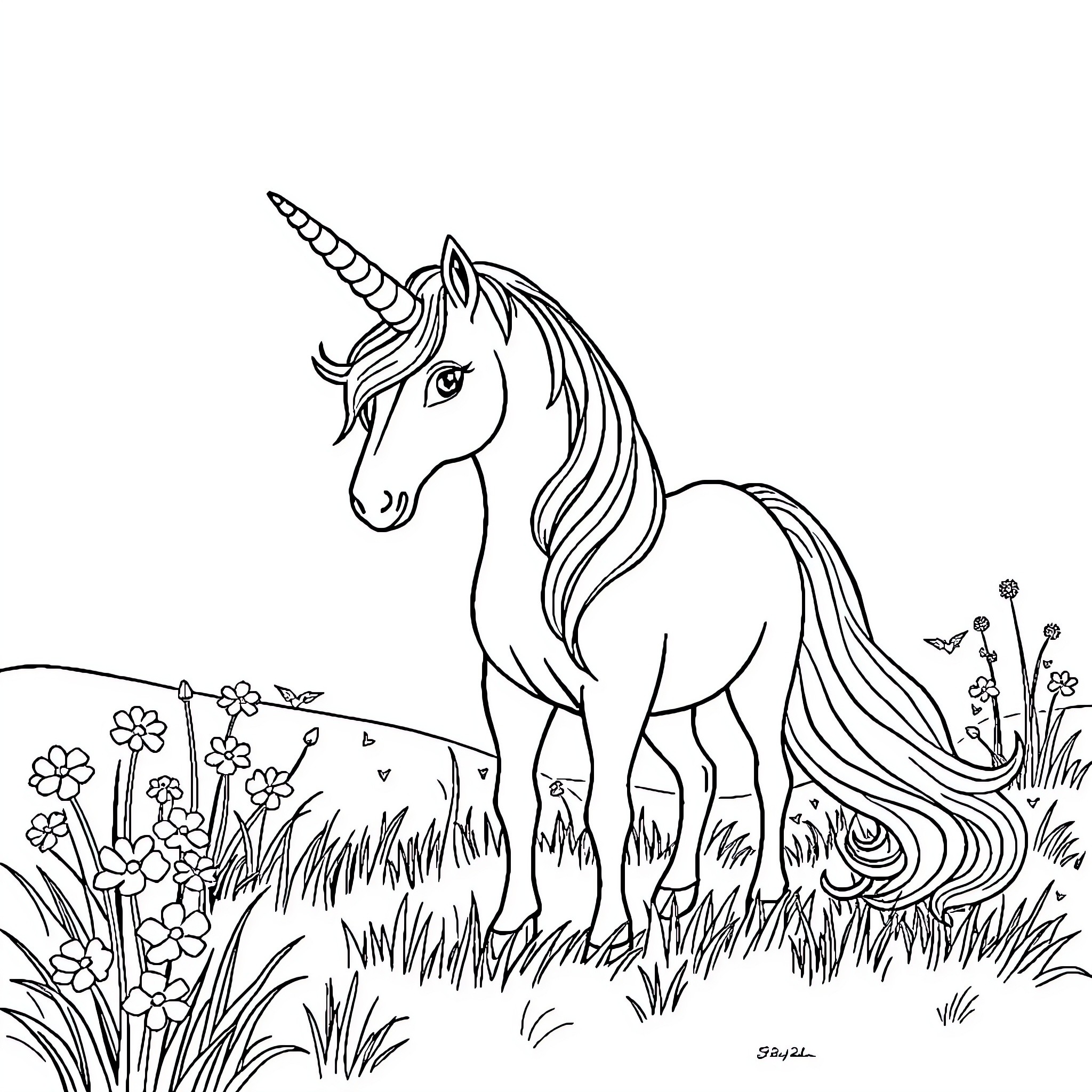 Unicorn standing amidst flowers in the meadow Coloring Page (free black-and-white line drawing printable PDF for all, from beginners to advanced learners, including children, teens, adults, and seniors)