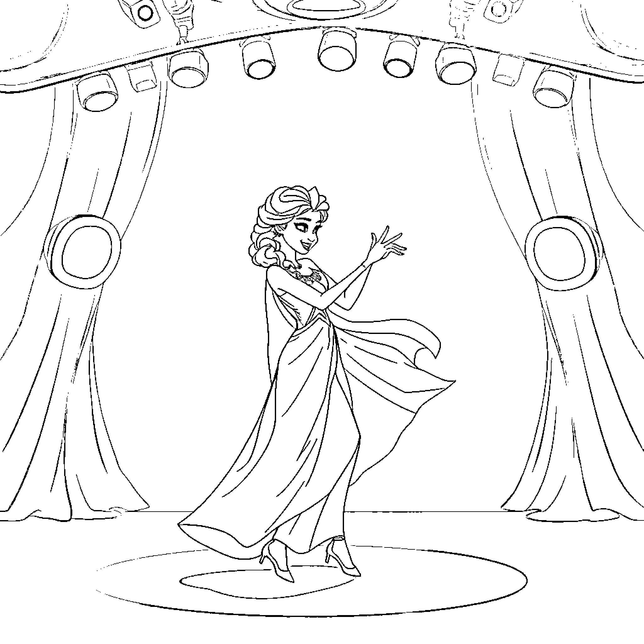 Elsa performing on stage with elegant grace Coloring Page (free black-and-white line drawing printable PDF for all, from beginners to advanced learners, including children, teens, adults, and seniors)