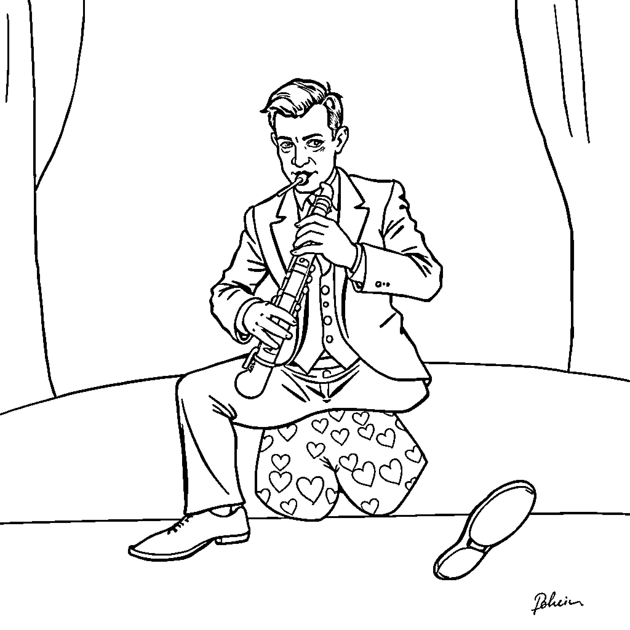 Bassoonist performing on stage in a suit Coloring Page (free black-and-white line drawing printable PDF for all, from beginners to advanced learners, including children, teens, adults, and seniors)