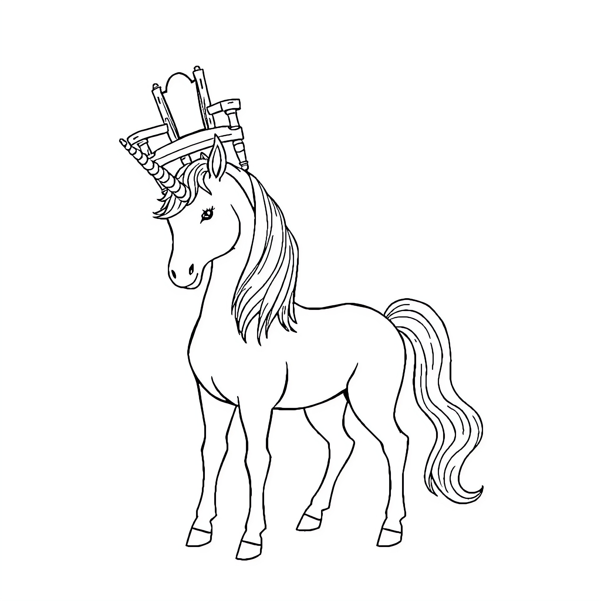 Unicorn adorned with ornate headpiece Coloring Page (free black-and-white line drawing printable PDF for all, from beginners to advanced learners, including children, teens, adults, and seniors)