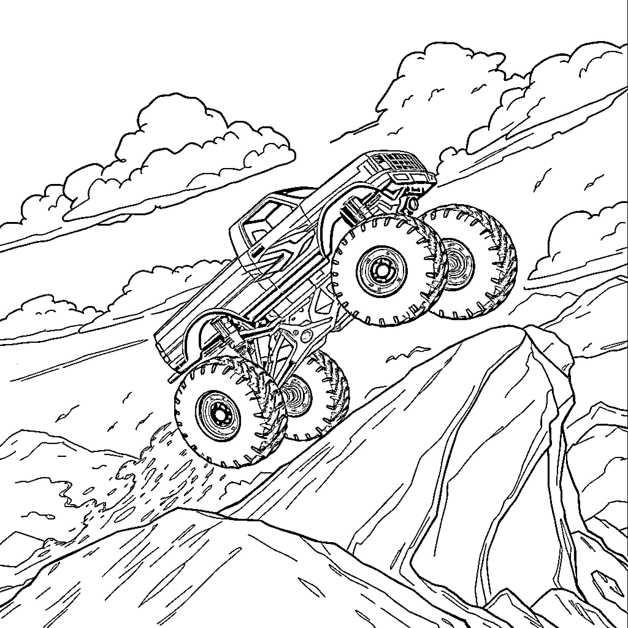 Monstertruck climbing rugged terrain Coloring Page (free black-and-white line drawing printable PDF for all, from beginners to advanced learners, including children, teens, adults, and seniors)