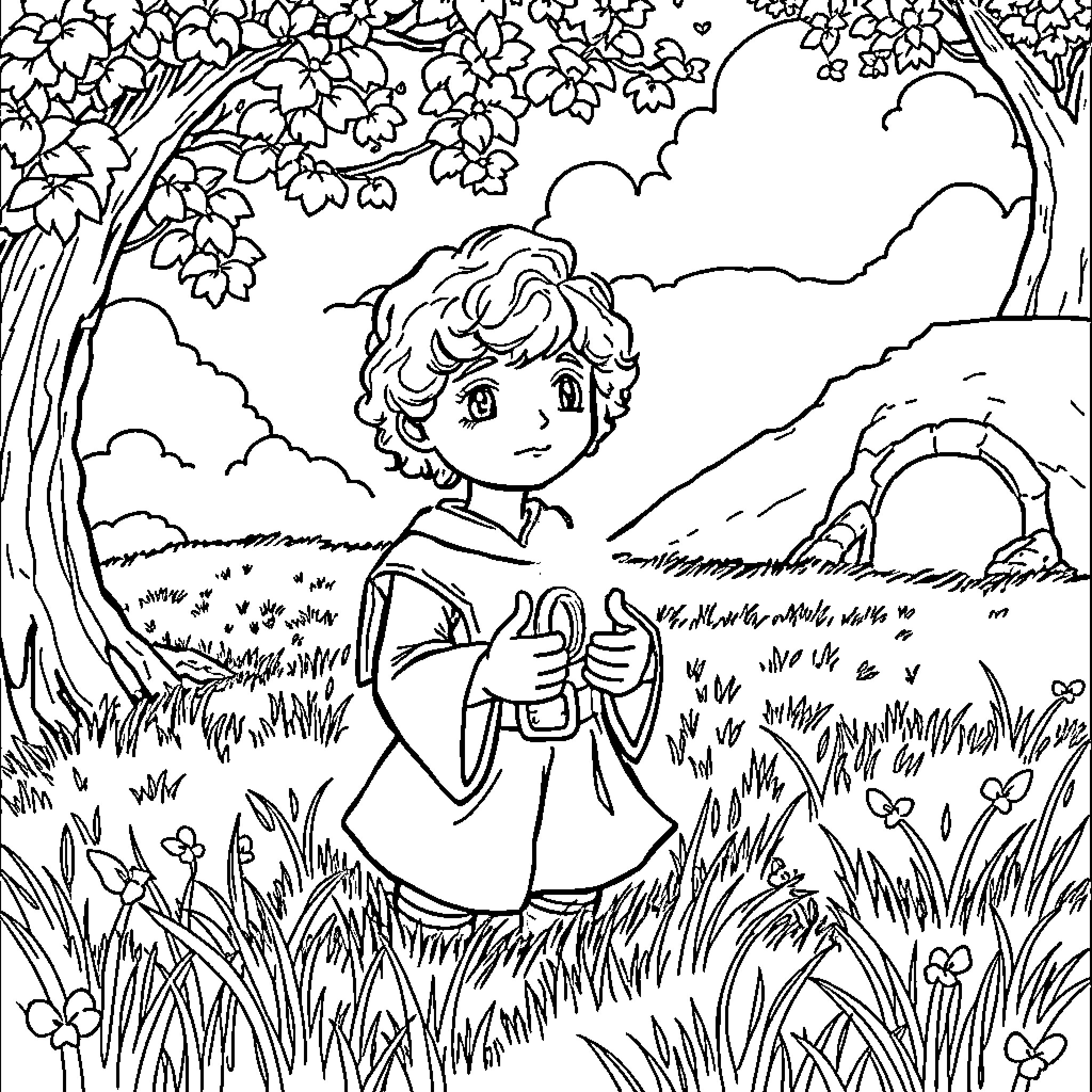 Frodo exploring the enchanted forest Coloring Page (free black-and-white line drawing printable PDF for all, from beginners to advanced learners, including children, teens, adults, and seniors)