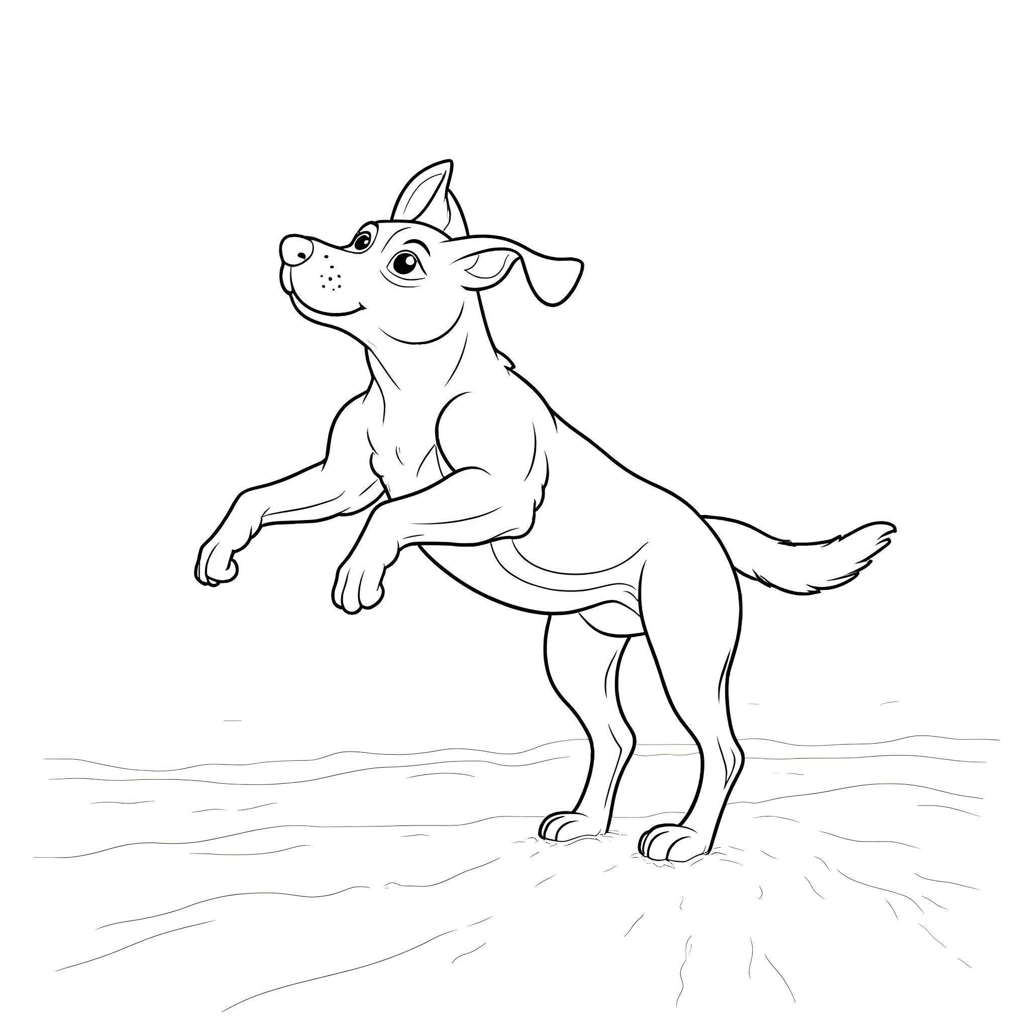 Dog joyfully jumping on the beach Coloring Page (free black-and-white line drawing printable PDF for all, from beginners to advanced learners, including children, teens, adults, and seniors)
