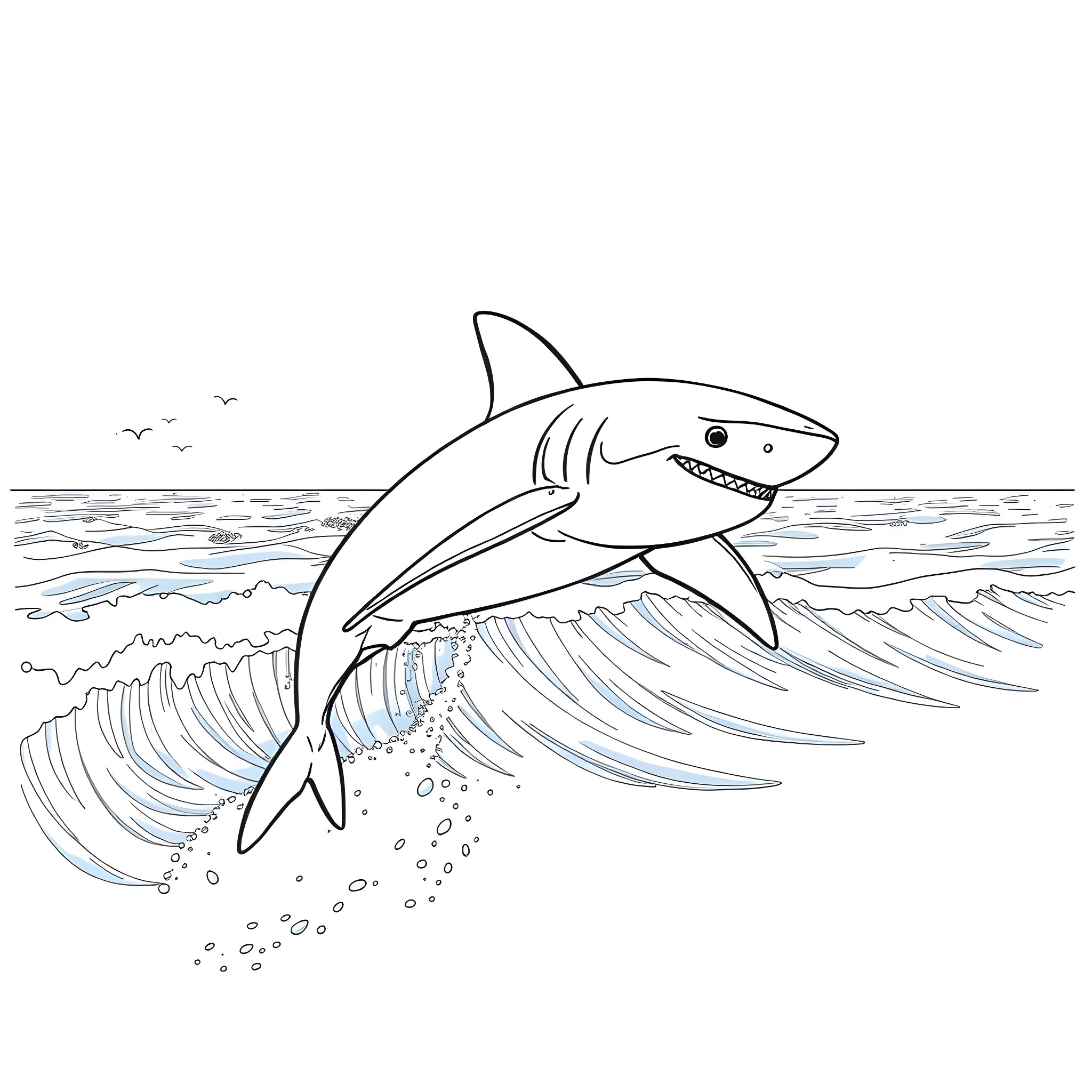Shark jumping through crashing waves Coloring Page (free black-and-white line drawing printable PDF for all, from beginners to advanced learners, including children, teens, adults, and seniors)