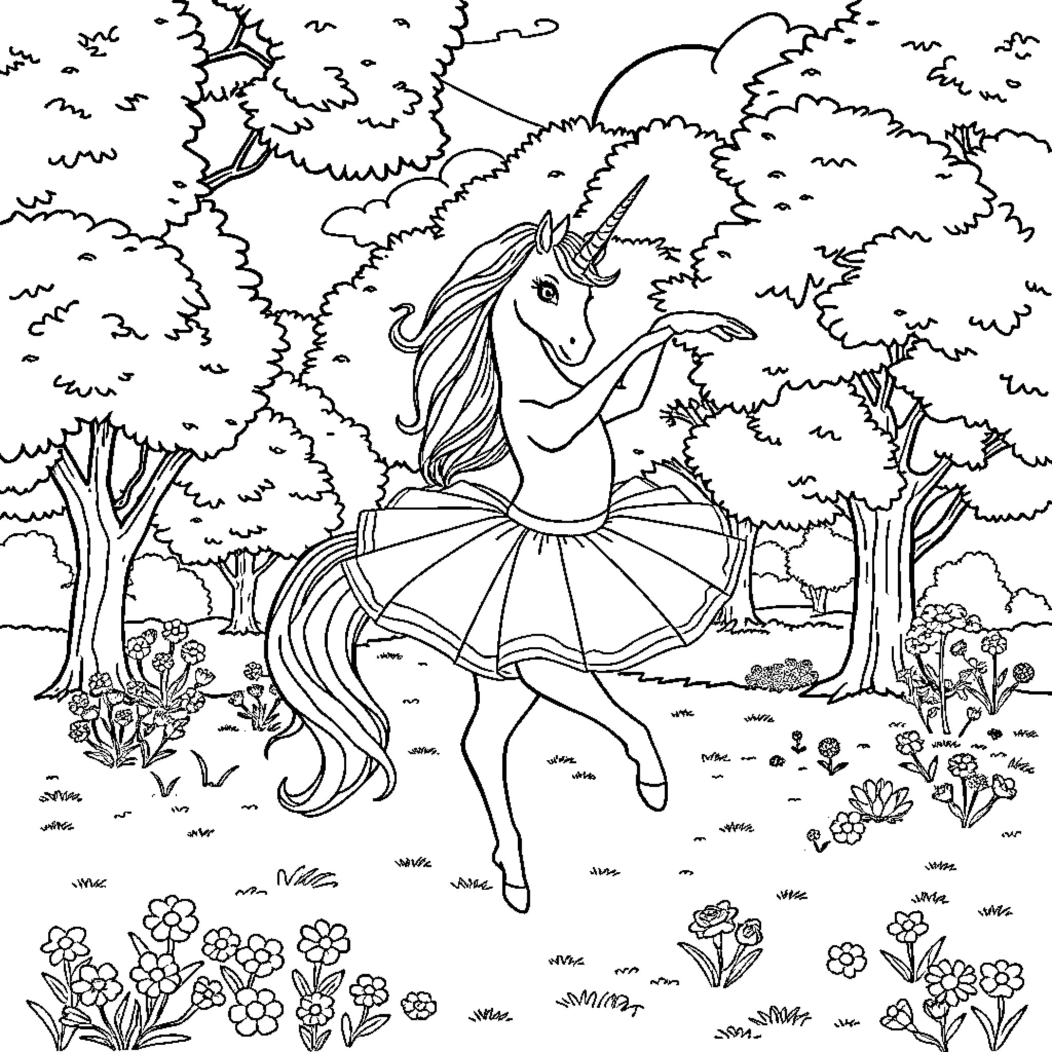 Unicorn dancing in the enchanted forest Coloring Page (free black-and-white line drawing printable PDF for all, from beginners to advanced learners, including children, teens, adults, and seniors)