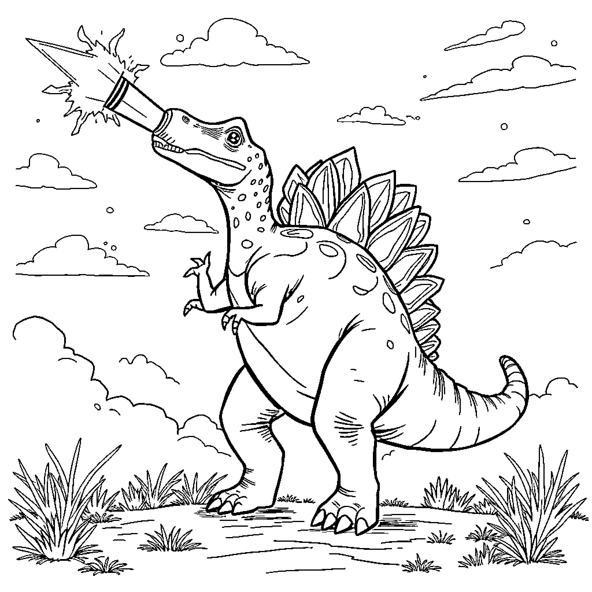 Stegosaurus dinosaur exploring the prehistoric landscape Coloring Page (free black-and-white line drawing printable PDF for all, from beginners to advanced learners, including children, teens, adults, and seniors)