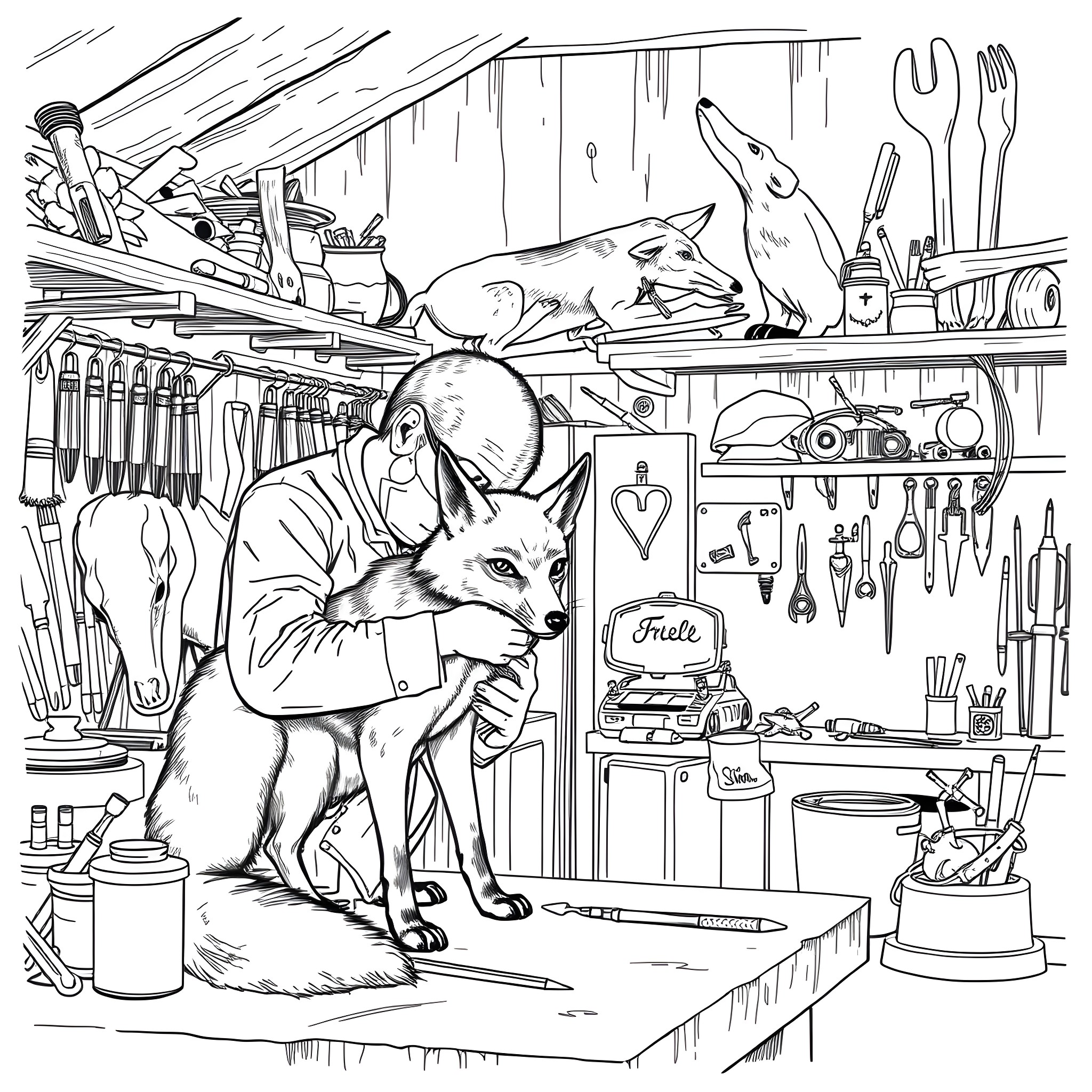 Fox artist sketching a wild fox in a cluttered workshop Coloring Page (free black-and-white line drawing printable PDF for all, from beginners to advanced learners, including children, teens, adults, and seniors)