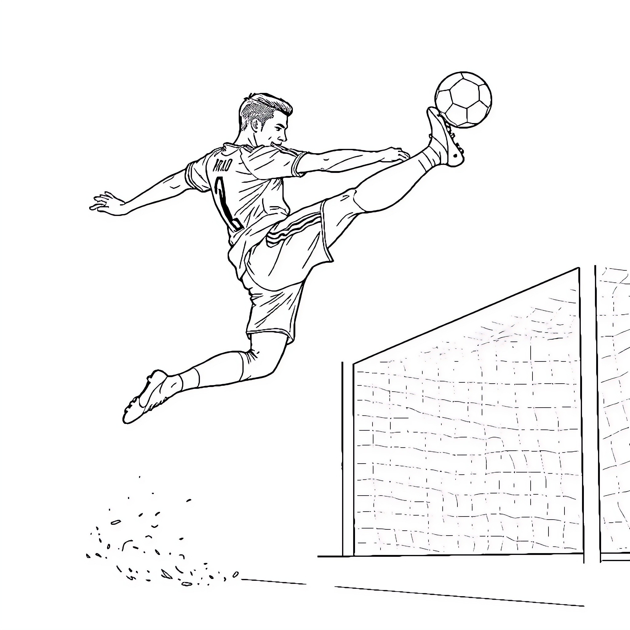 Cristiano Ronaldo's Acrobatic Soccer Move Coloring Page (free black-and-white line drawing printable PDF for all, from beginners to advanced learners, including children, teens, adults, and seniors)