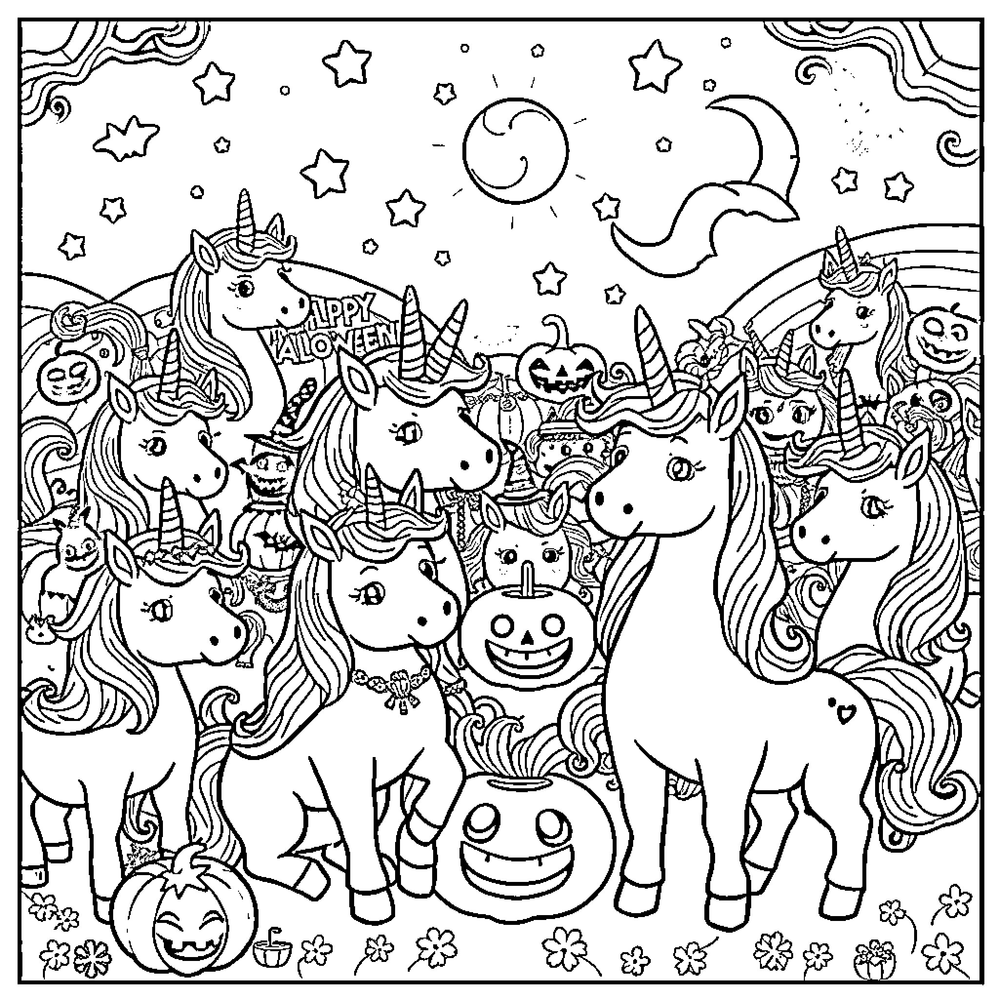 Unicorn Halloween Celebration with Cute Creatures Coloring Page (free black-and-white line drawing printable PDF for all, from beginners to advanced learners, including children, teens, adults, and seniors)