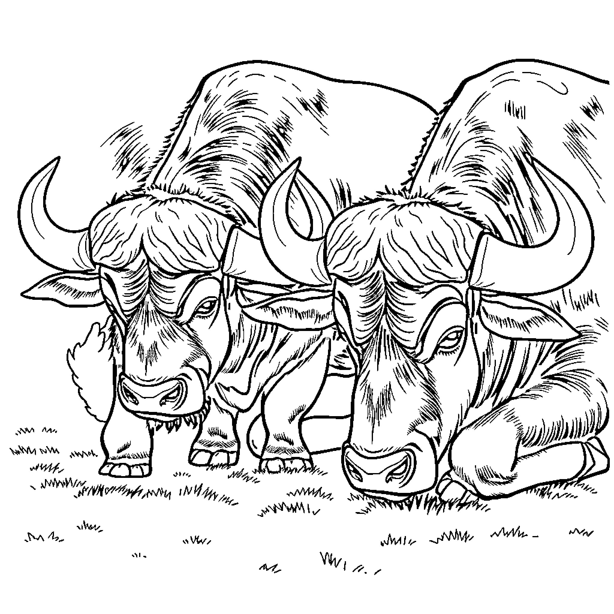 Buffalo herd grazing contentedly in grassy field Coloring Page (free black-and-white line drawing printable PDF for all, from beginners to advanced learners, including children, teens, adults, and seniors)
