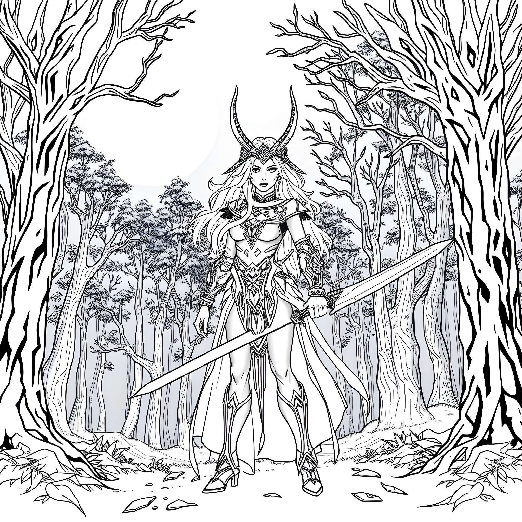 Tyrande in the Enchanted Forest Coloring Page (free black-and-white line drawing printable PDF for all, from beginners to advanced learners, including children, teens, adults, and seniors)