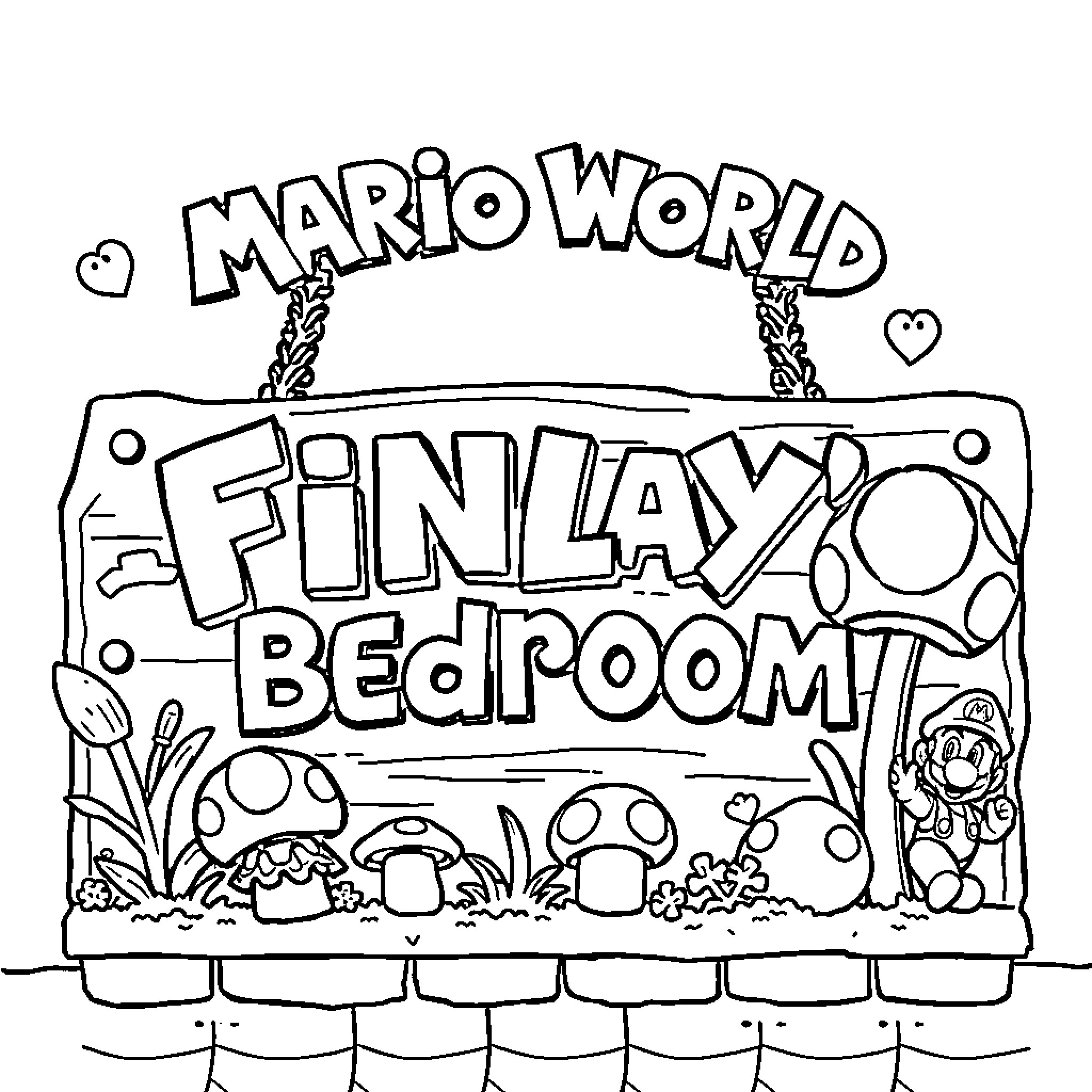 Sign of a Whimsical Mario World Bedroom Coloring Page (free black-and-white line drawing printable PDF for all, from beginners to advanced learners, including children, teens, adults, and seniors)