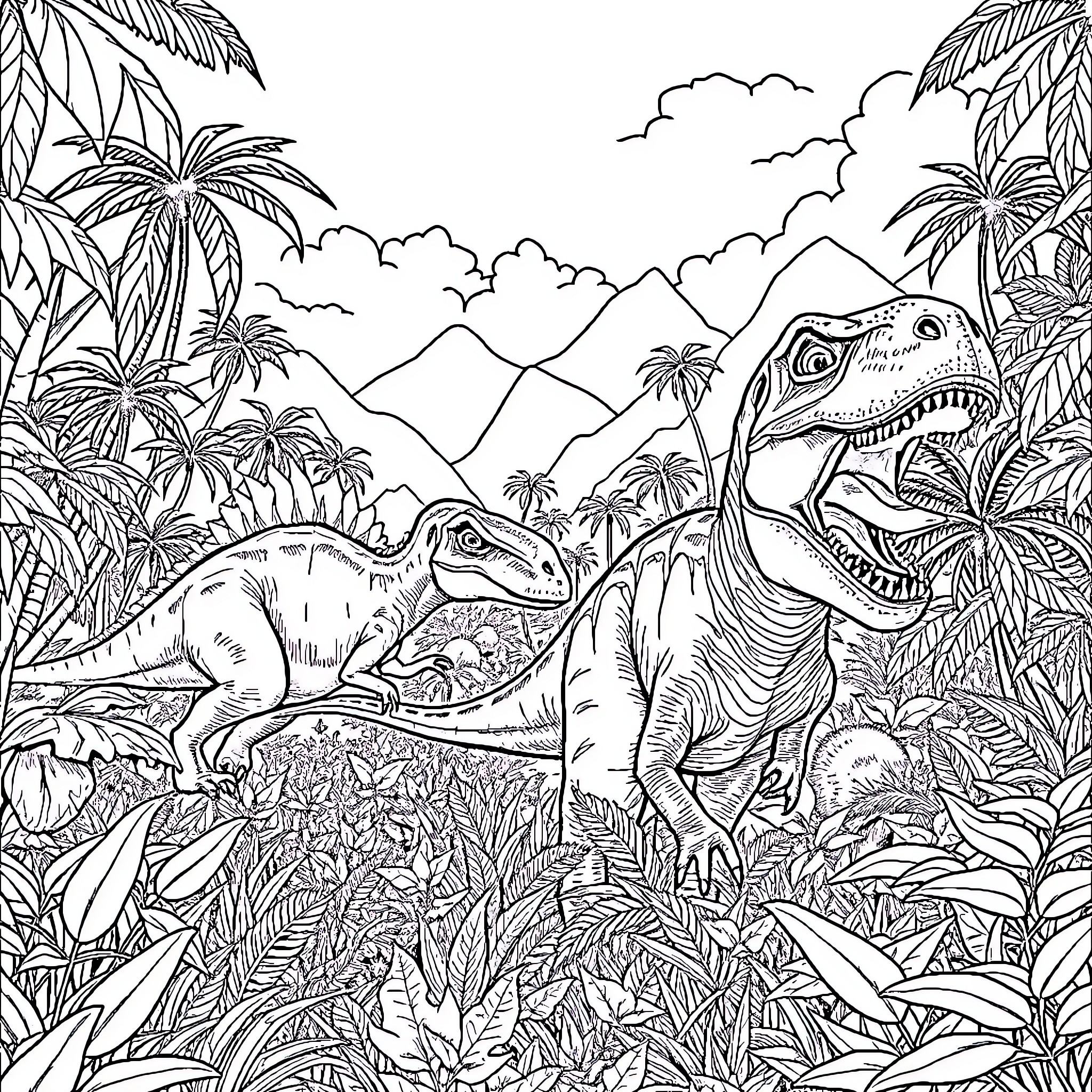 Dinosaurs in the Prehistoric Landscape Coloring Page (free black-and-white line drawing printable PDF for all, from beginners to advanced learners, including children, teens, adults, and seniors)