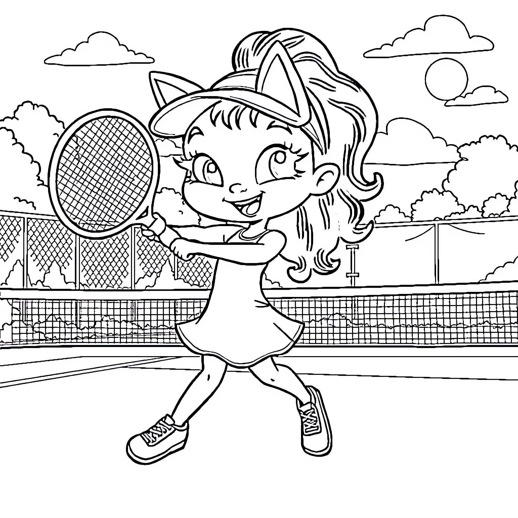 Gabby playing tennis happily on the court Coloring Page (free black-and-white line drawing printable PDF for all, from beginners to advanced learners, including children, teens, adults, and seniors)