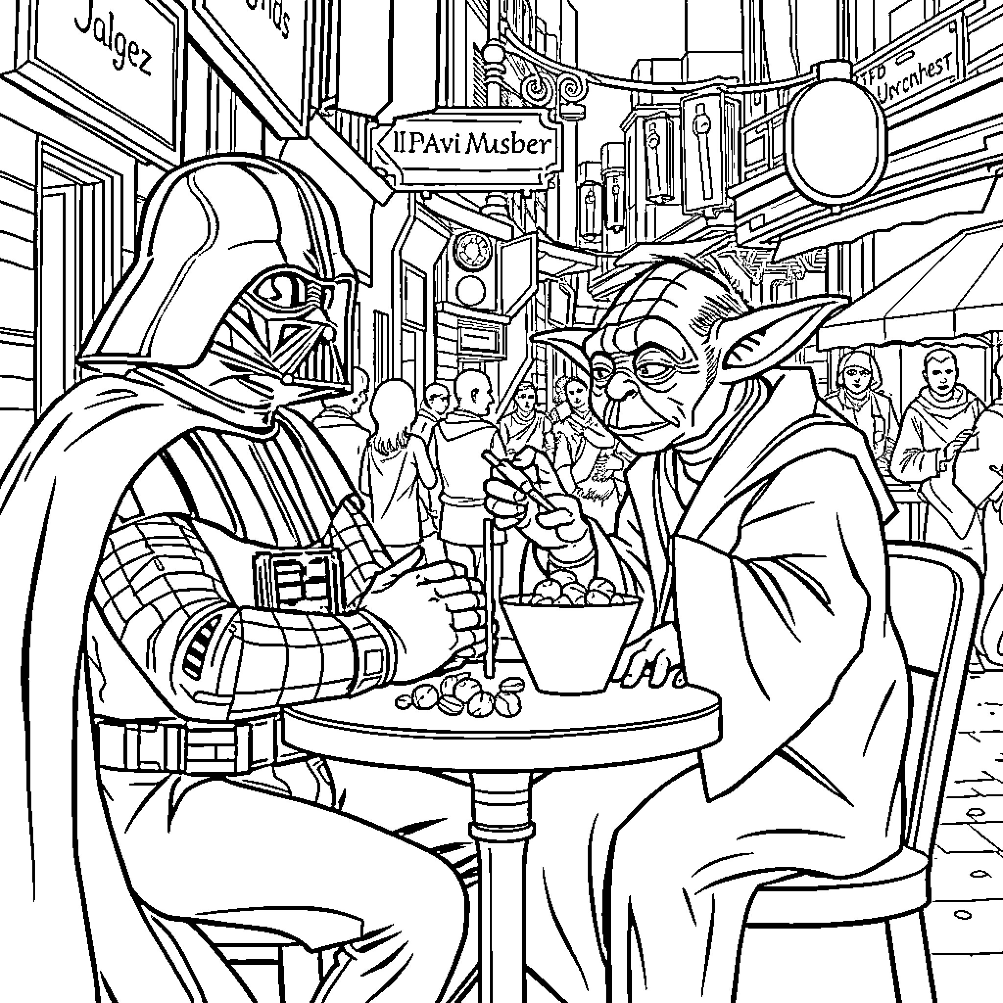 Darth Vader and Yoda interacting in a bustling market scene Coloring Page (free black-and-white line drawing printable PDF for all, from beginners to advanced learners, including children, teens, adults, and seniors)
