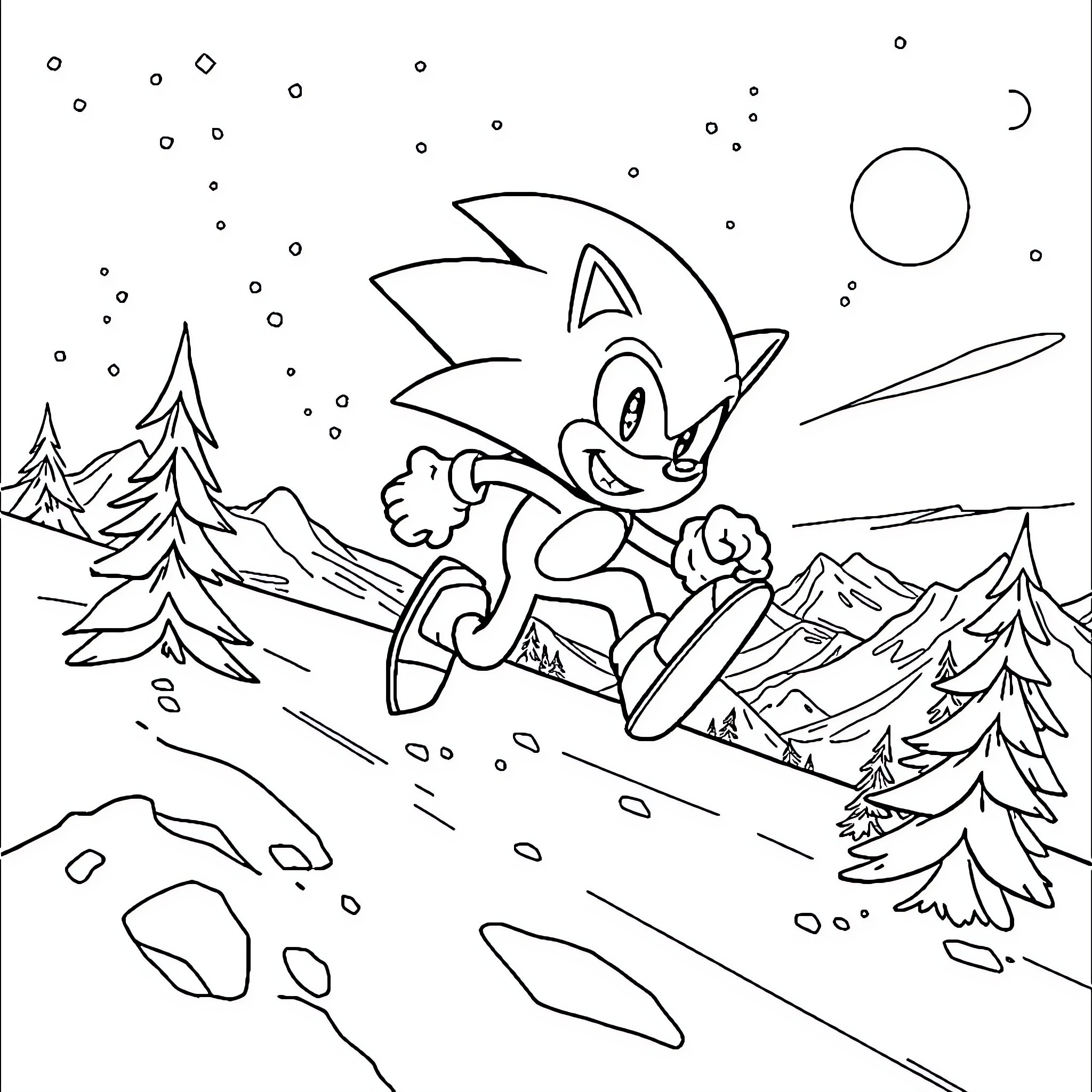 Sonic racing through a snowy winter landscape Coloring Page (free black-and-white line drawing printable PDF for all, from beginners to advanced learners, including children, teens, adults, and seniors)