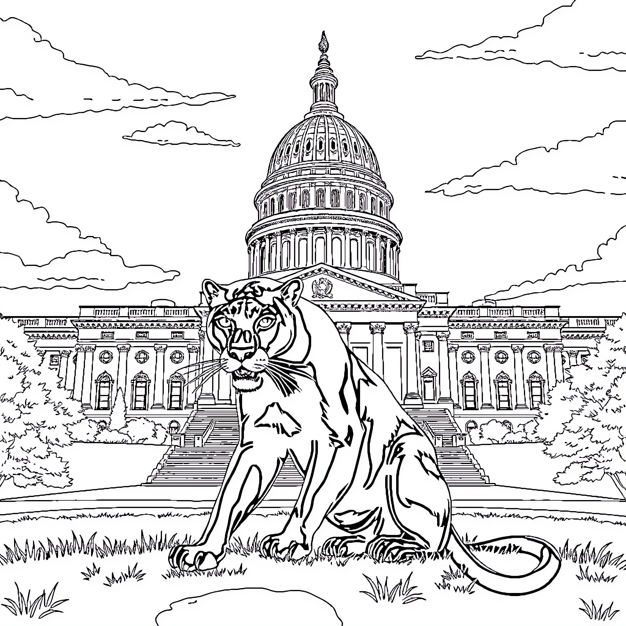 Panther guarding the Capitol building Coloring Page (free black-and-white line drawing printable PDF for all, from beginners to advanced learners, including children, teens, adults, and seniors)