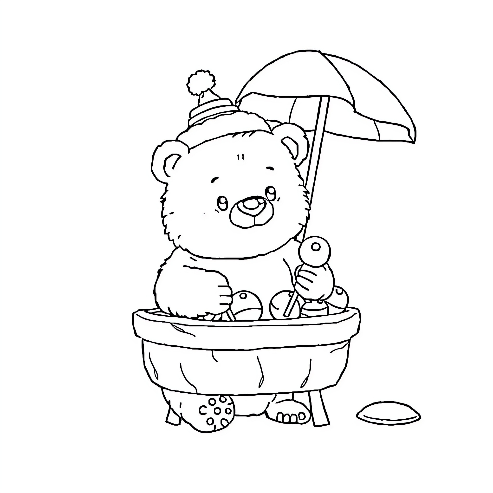 Bear enjoying a relaxing bath with toys Coloring Page (free black-and-white line drawing printable PDF for all, from beginners to advanced learners, including children, teens, adults, and seniors)
