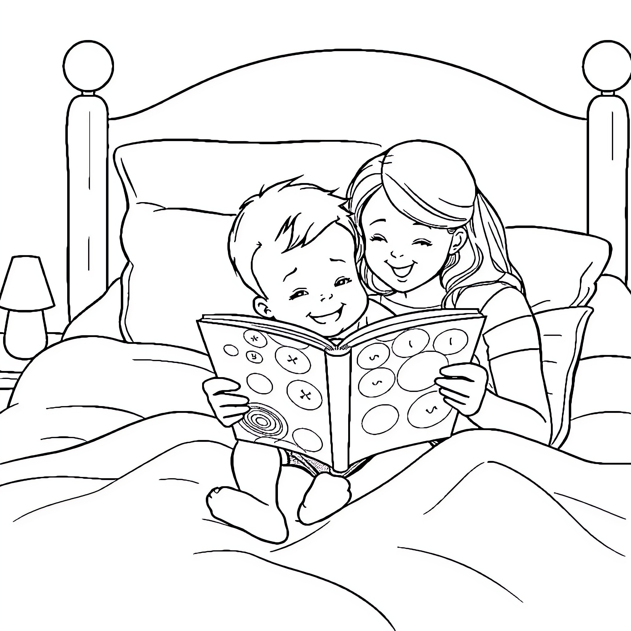 Toddler reading a storybook with sibling Coloring Page (free black-and-white line drawing printable PDF for all, from beginners to advanced learners, including children, teens, adults, and seniors)