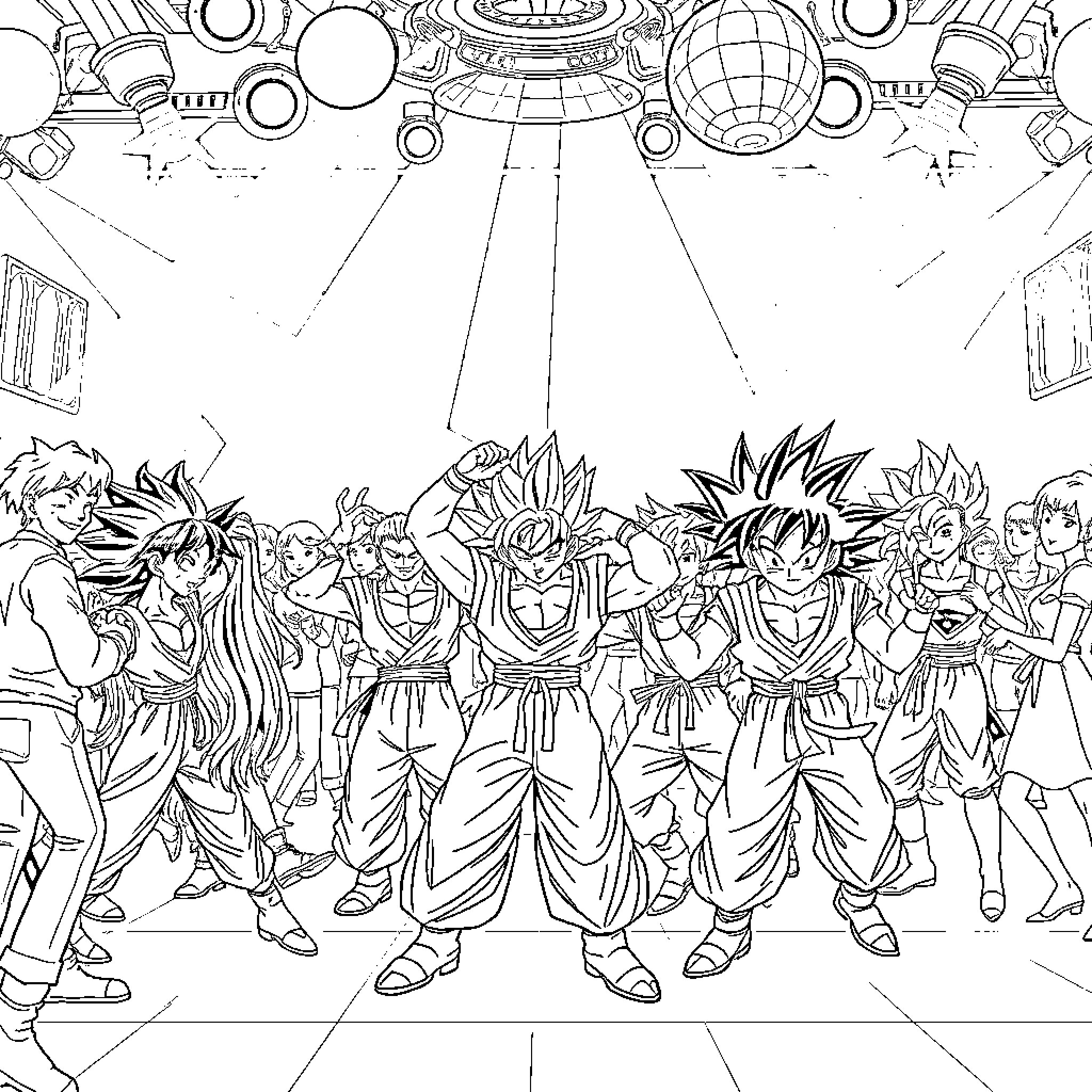 Dragon Ball Z characters in an epic group scene Coloring Page (free black-and-white line drawing printable PDF for all, from beginners to advanced learners, including children, teens, adults, and seniors)