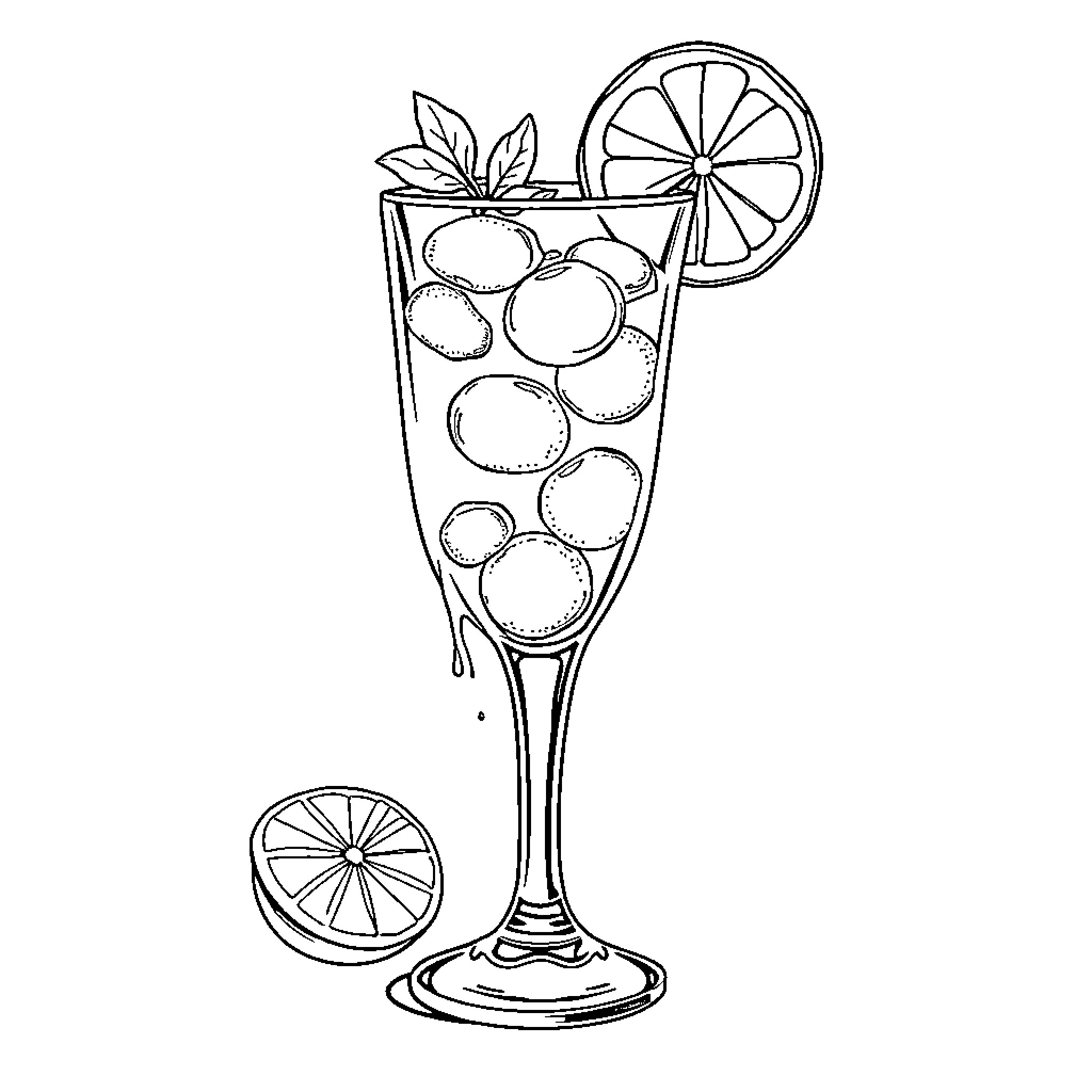 Poncha with Fruit and Herbs in Glass Coloring Page (free black-and-white line drawing printable PDF for all, from beginners to advanced learners, including children, teens, adults, and seniors)