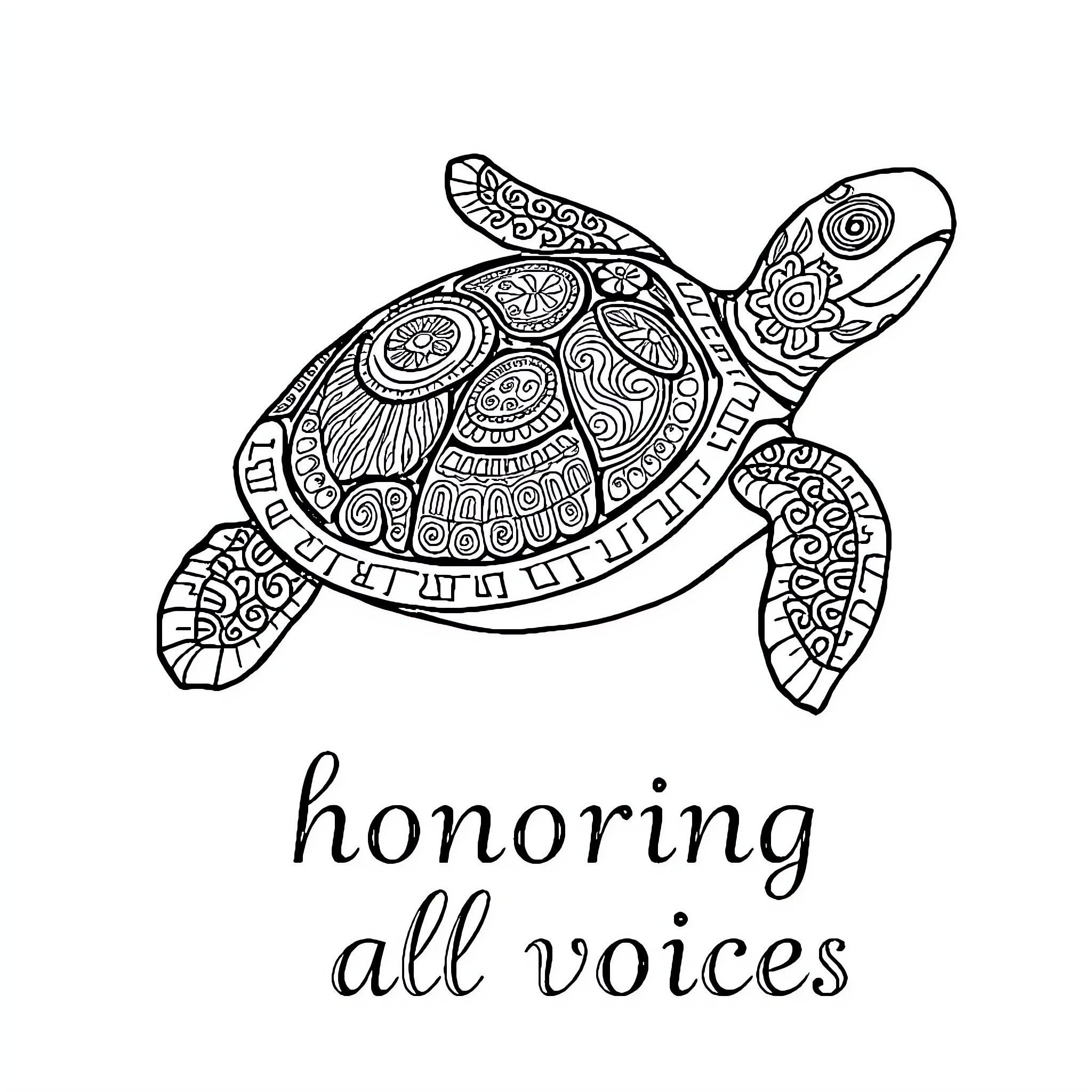 Turtle embracing intricate patterns and designs Coloring Page (free black-and-white line drawing printable PDF for all, from beginners to advanced learners, including children, teens, adults, and seniors)