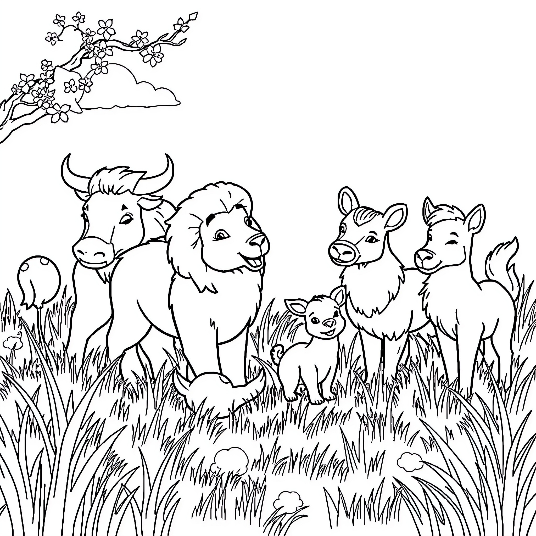 Animal friends in a forest scene Coloring Page (free black-and-white line drawing printable PDF for all, from beginners to advanced learners, including children, teens, adults, and seniors)