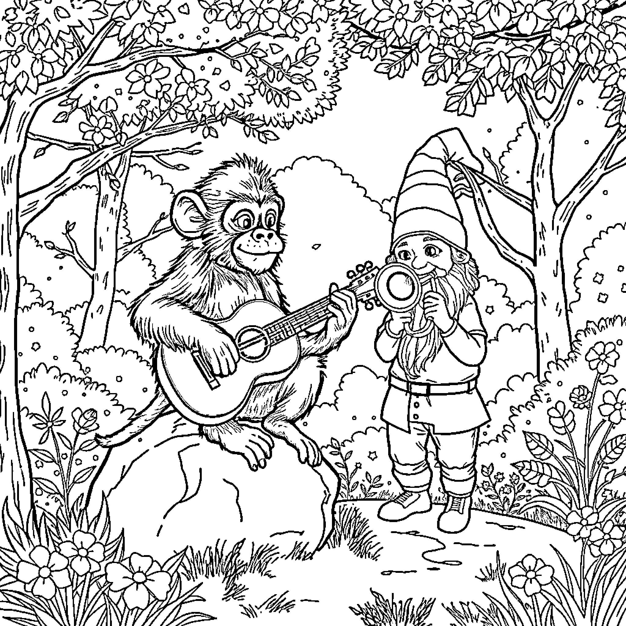 Simian Duo in Whimsical Forest Setting Coloring Page (free black-and-white line drawing printable PDF for all, from beginners to advanced learners, including children, teens, adults, and seniors)