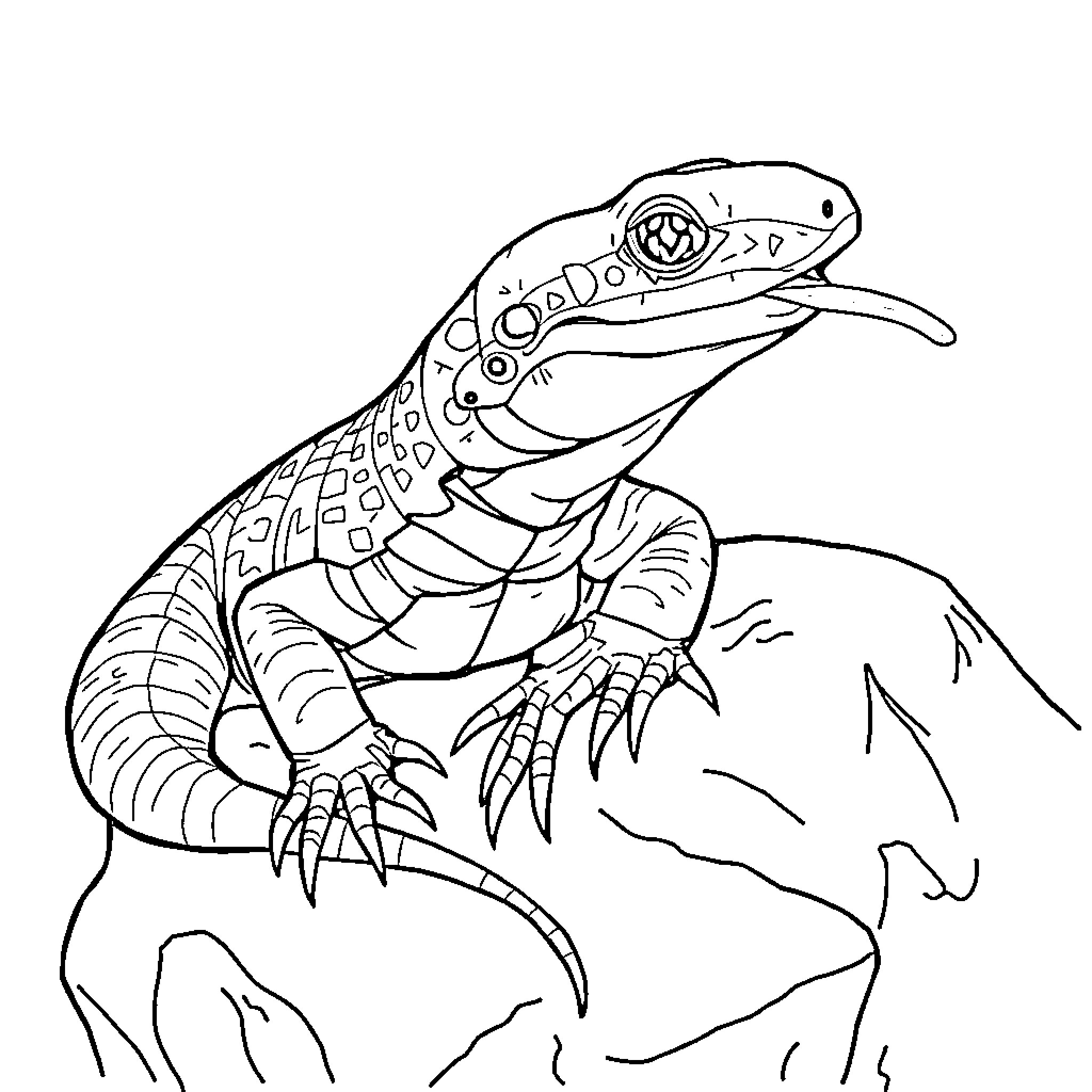 Blue Tongue Skink standing on rock Coloring Page (free black-and-white line drawing printable PDF for all, from beginners to advanced learners, including children, teens, adults, and seniors)