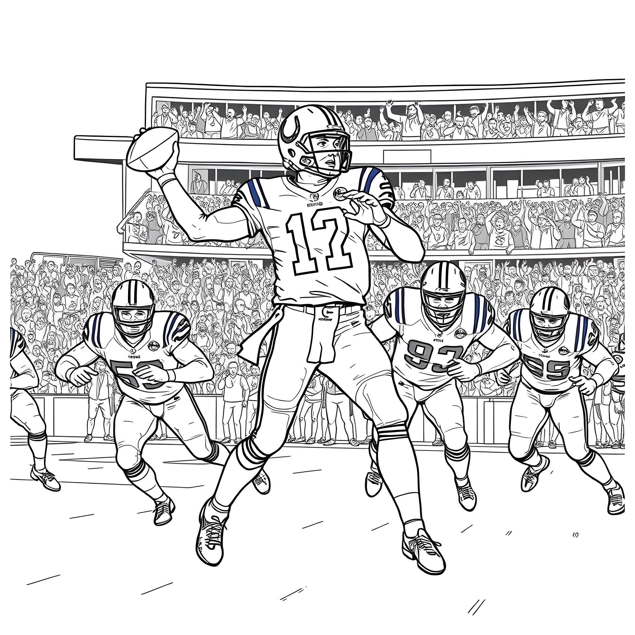 Anthony Richardson Leading Football Team in Stadium Coloring Page (free black-and-white line drawing printable PDF for all, from beginners to advanced learners, including children, teens, adults, and seniors)
