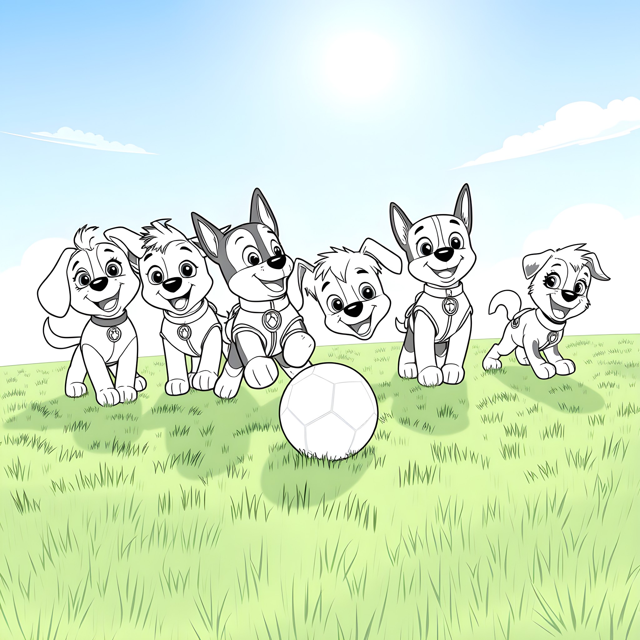 Paw Patrol characters playing together in the park Coloring Page (free black-and-white line drawing printable PDF for all, from beginners to advanced learners, including children, teens, adults, and seniors)