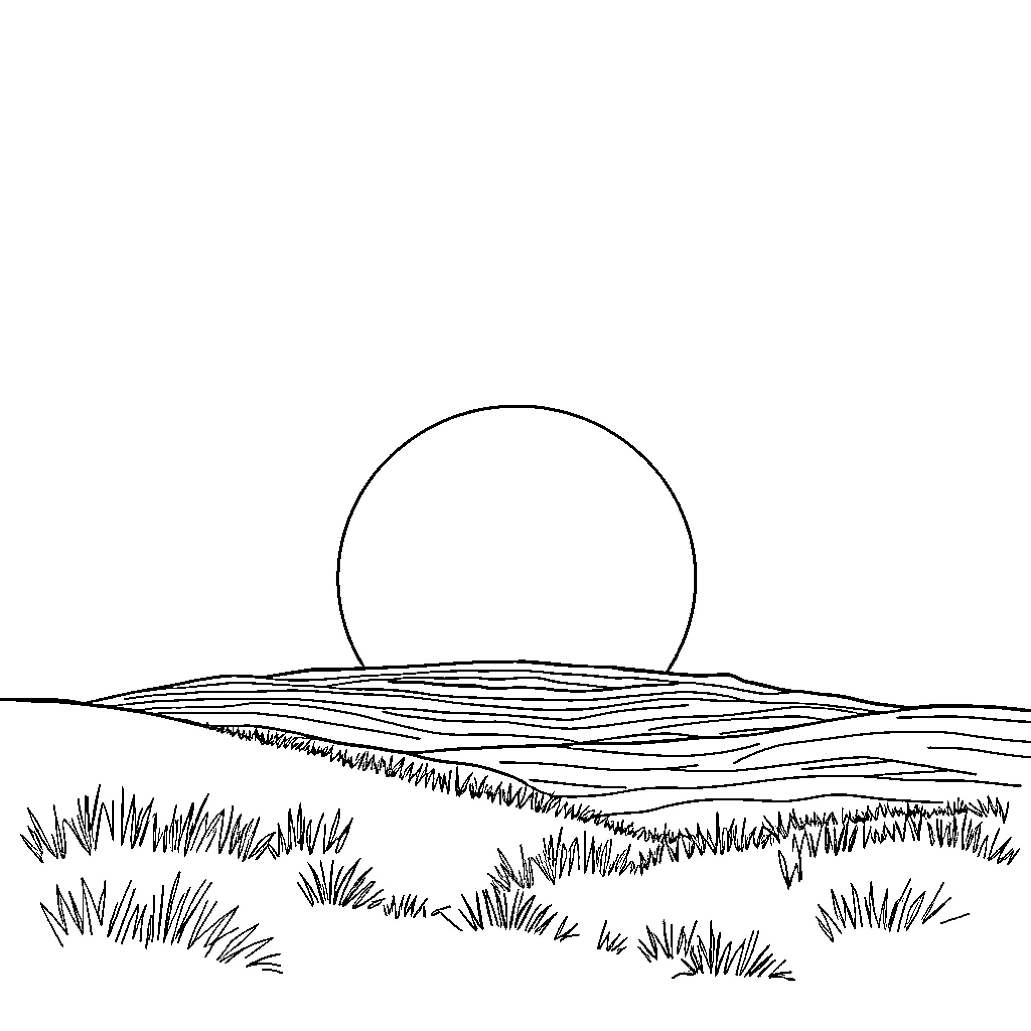 Sun rising over serene landscape Coloring Page (free black-and-white line drawing printable PDF for all, from beginners to advanced learners, including children, teens, adults, and seniors)