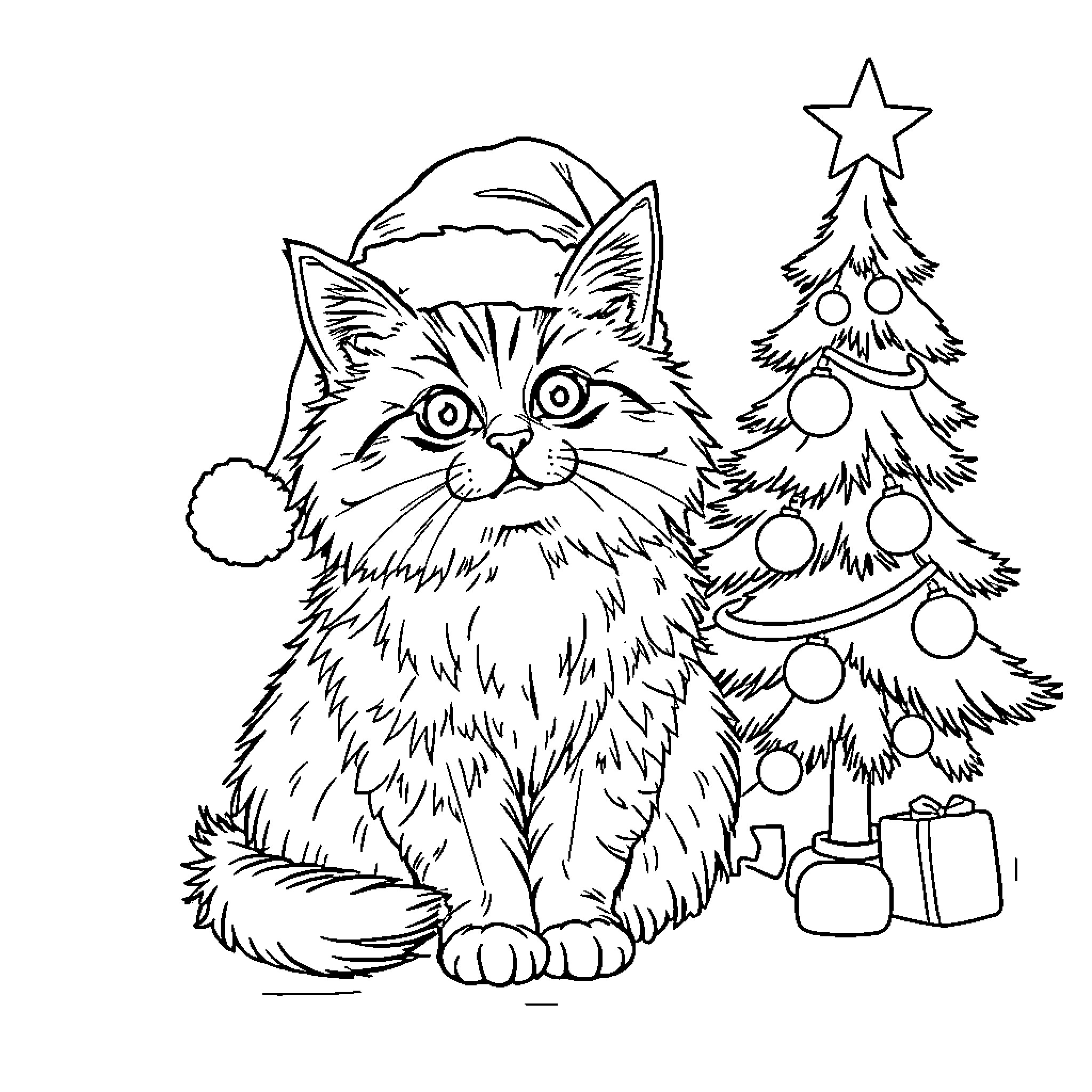Cat in Santa Hat by Christmas Tree Coloring Page (free black-and-white line drawing printable PDF for all, from beginners to advanced learners, including children, teens, adults, and seniors)