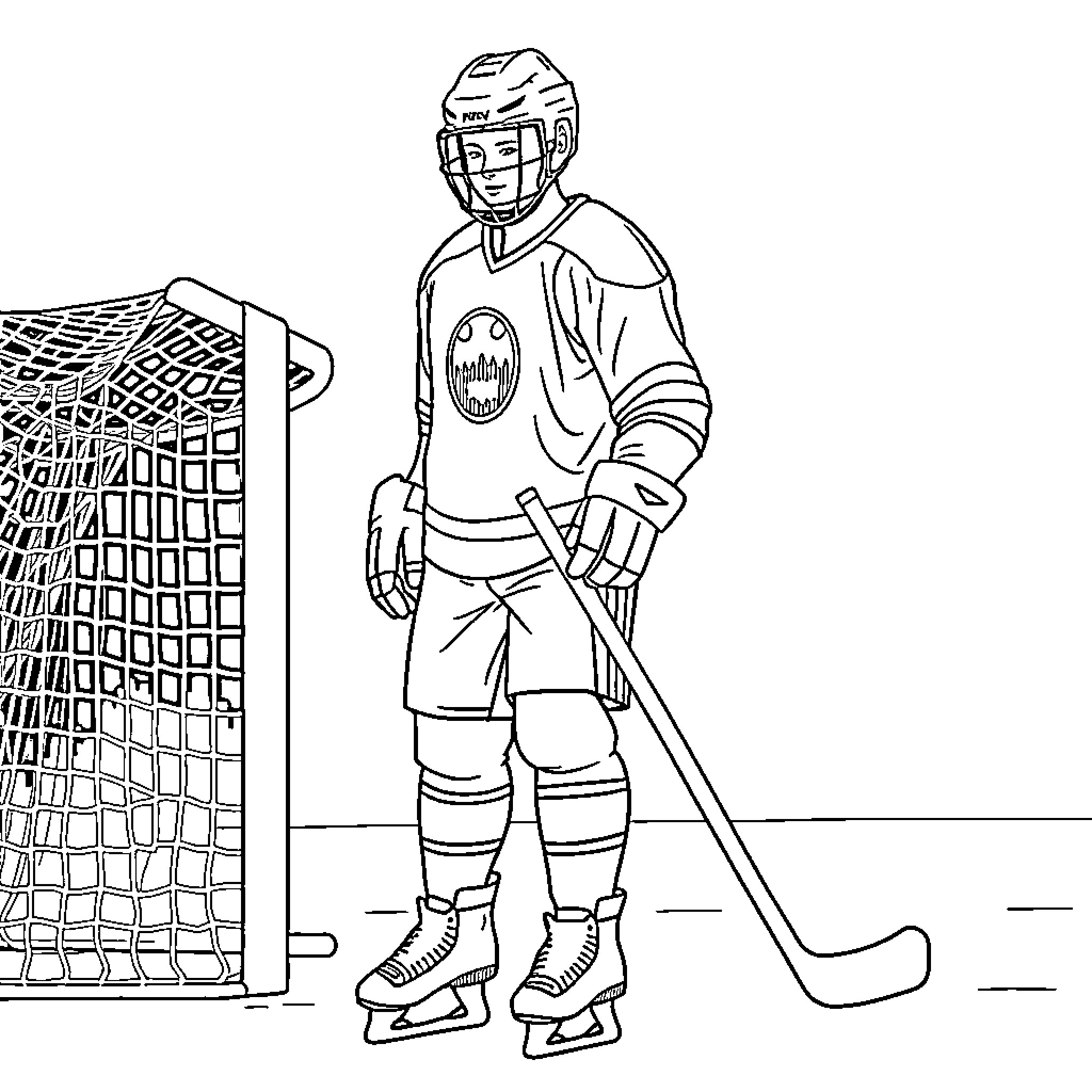 Hockey Player standing with gear near the goal Coloring Page (free black-and-white line drawing printable PDF for all, from beginners to advanced learners, including children, teens, adults, and seniors)
